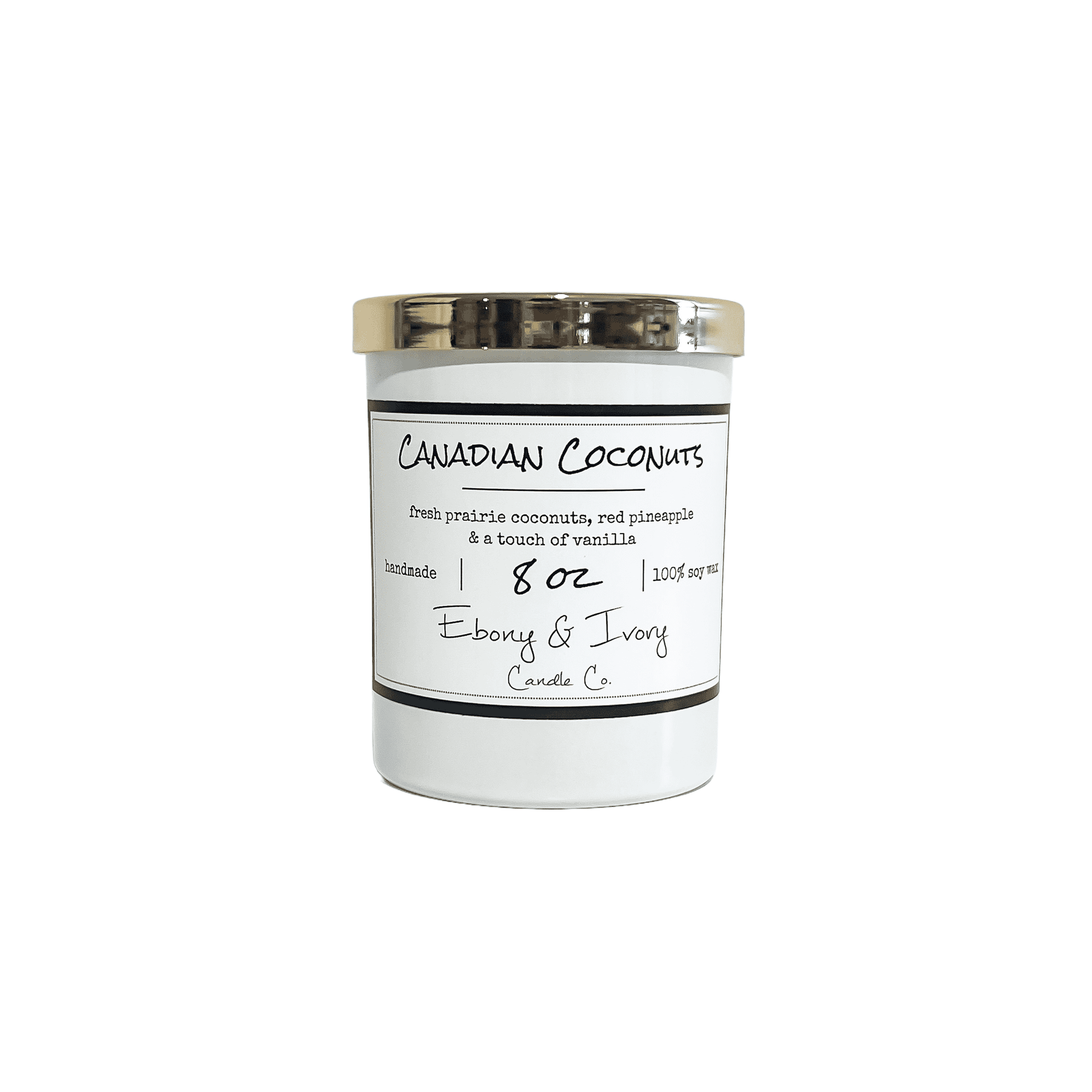 A white 8oz jar soy candle with a gold lid and a white label named Canadian Coconuts, on a white background, made by Ebony & Ivory Candle Co in Lethbridge, Alberta, Canada