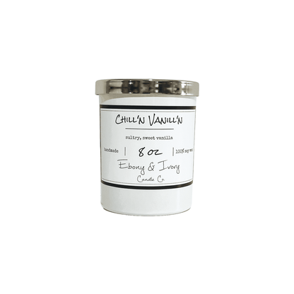 White 8oz jar soy candle with a gold lid and a white label named Chill'n Vanill'n, on a white background, made by ebony & ivory candle co, in lethbridge, alberta, canada