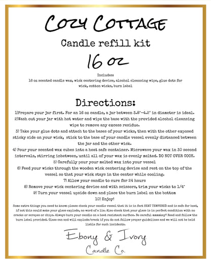 White label with gold trim for a sixteen ounce Cozy Cottage candle refill kits