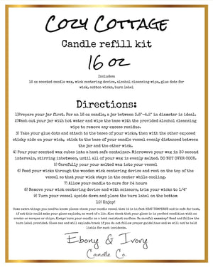White label with gold trim for a sixteen ounce Cozy Cottage candle refill kits