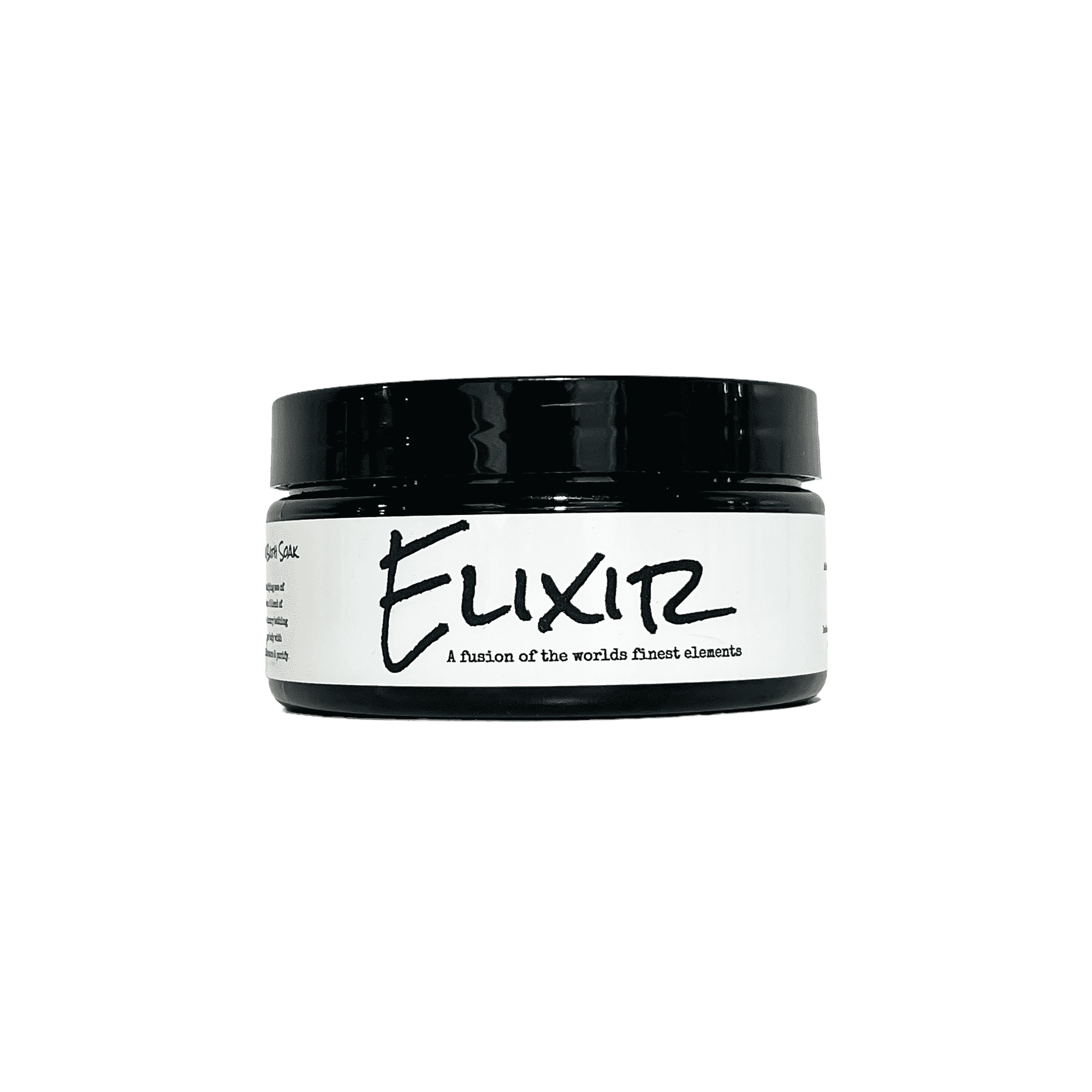 Black container with a white label that reads "elixir" and is filled with pink Himalayan salt, dead sea salt, epsom salt, and peppermint essential oils.