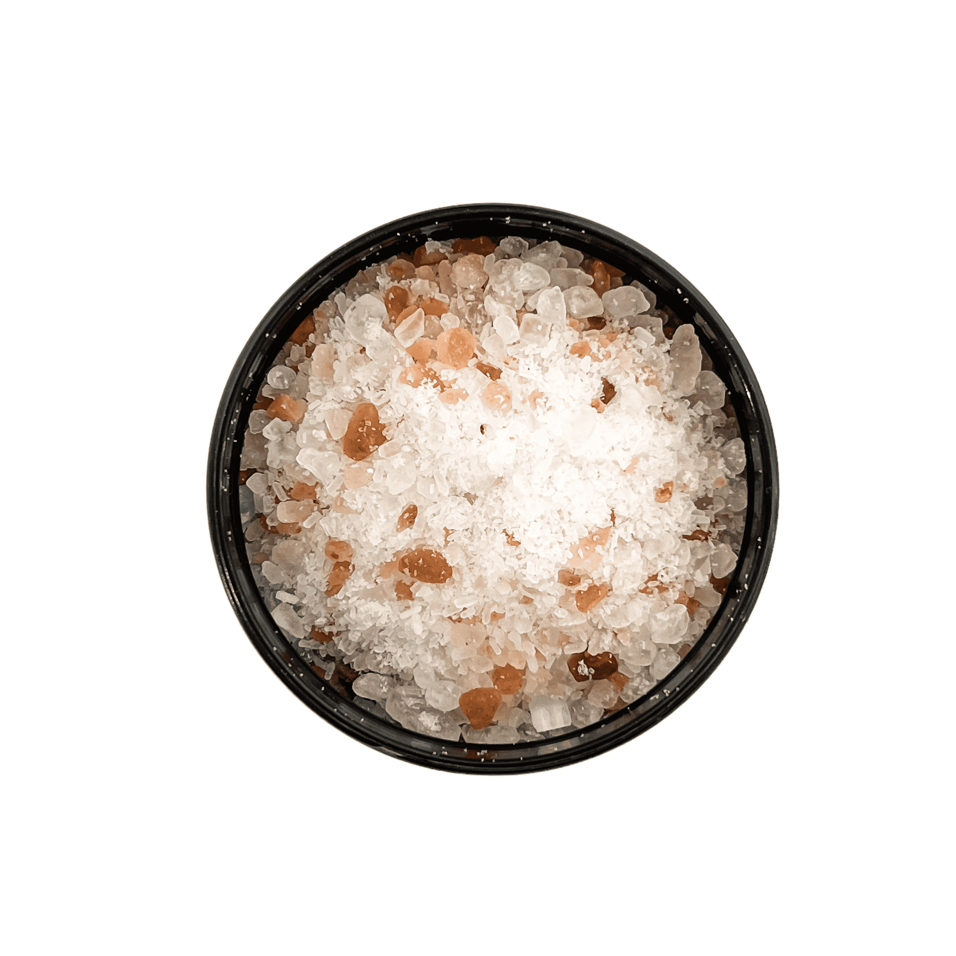 A top down shot of a Black container with a white label that reads "elixir" and is filled with pink Himalayan salt, dead sea salt, epsom salt, and peppermint essential oils. Made by Ebony & Ivory Candle Co in Lethbridge, Alberta, Canada