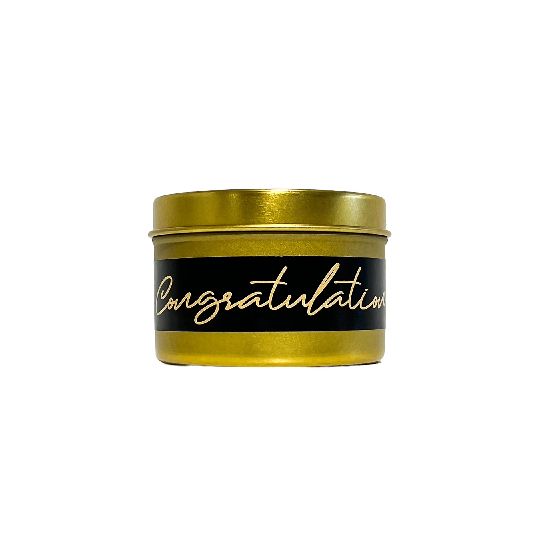 gold four ounces, pink salt and water lily scented soy wax candle with a gold and a black label that reads Congratulations