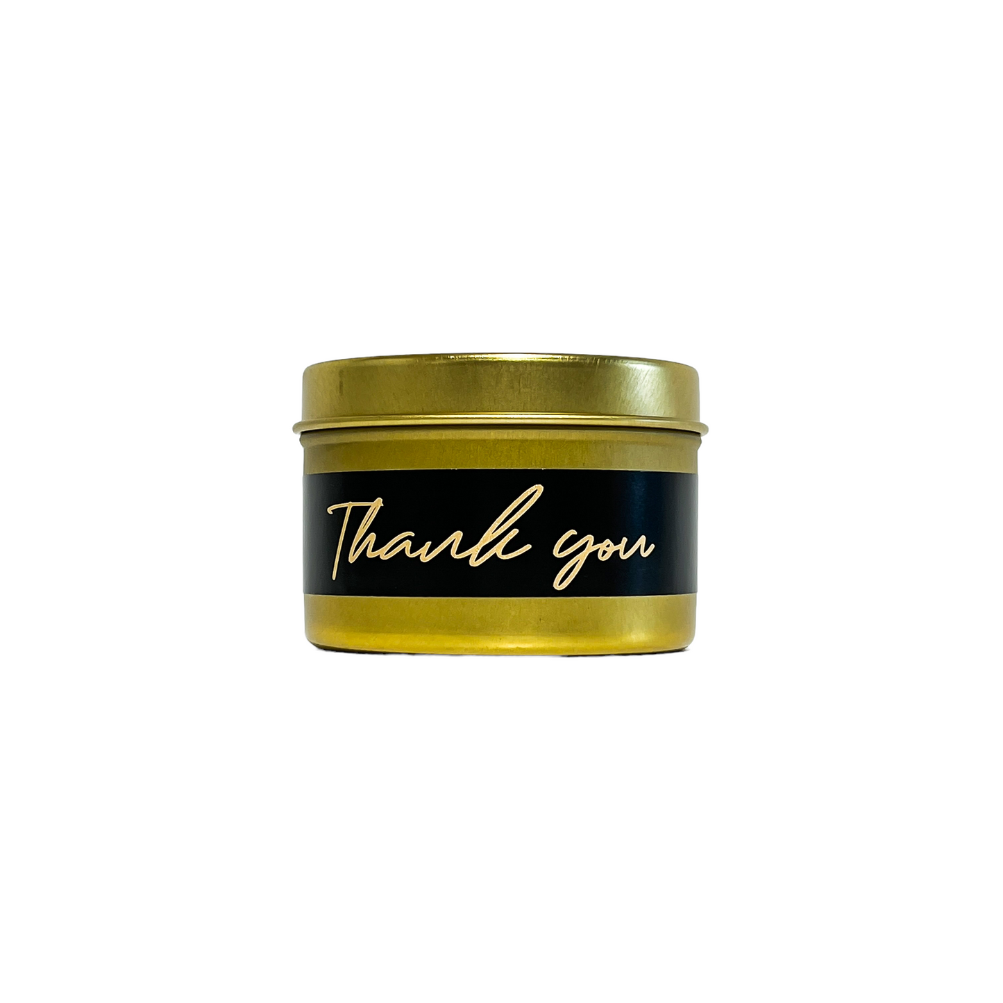 gold four ounces, pink salt and water lily scented soy wax candle with a gold and a black label that reads Thank you