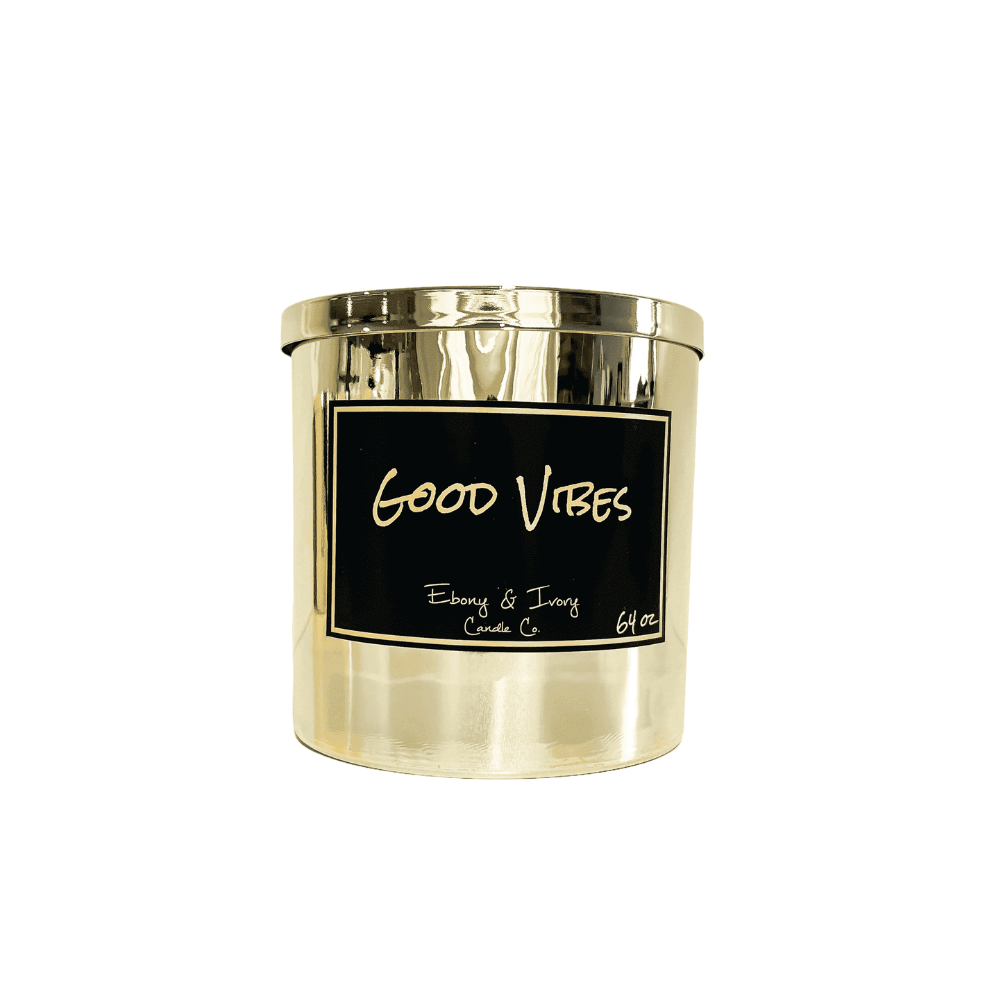 Gold, sixty four ounce, Pomegranate and Marshmallow scented soy wax candle with a gold lid and a black label that reads Good Vibes