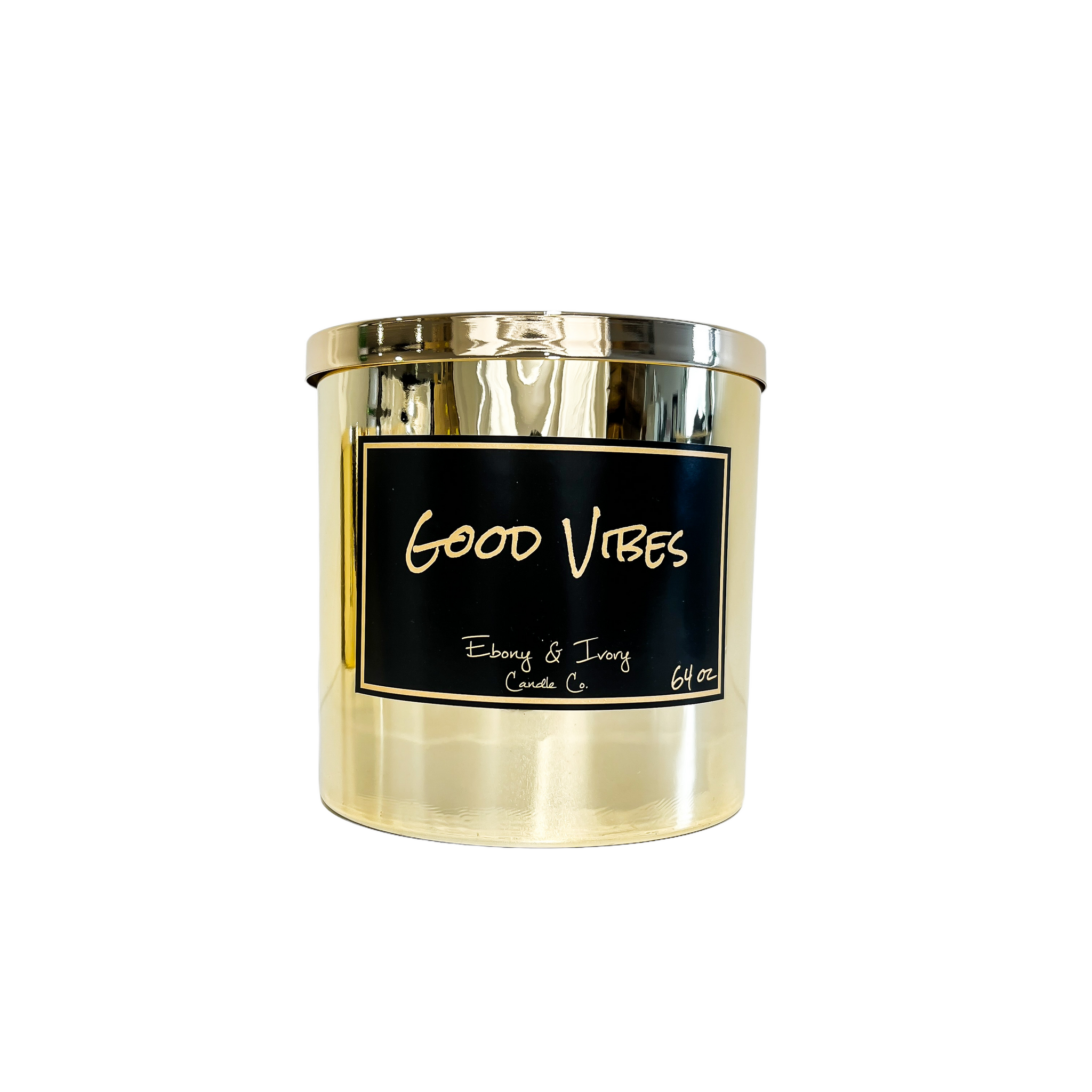 Gold, sixty four ounce, Pomegranate and Marshmallow scented soy wax candle with a gold lid and a black label that reads Good Vibes