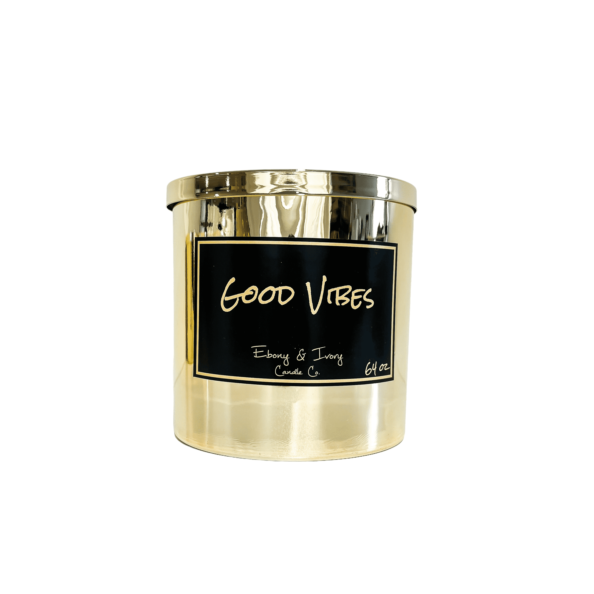 Gold, sixty four ounce, Pomegranate and Marshmallow scented soy wax candle with a gold lid and a black label that reads Good Vibes