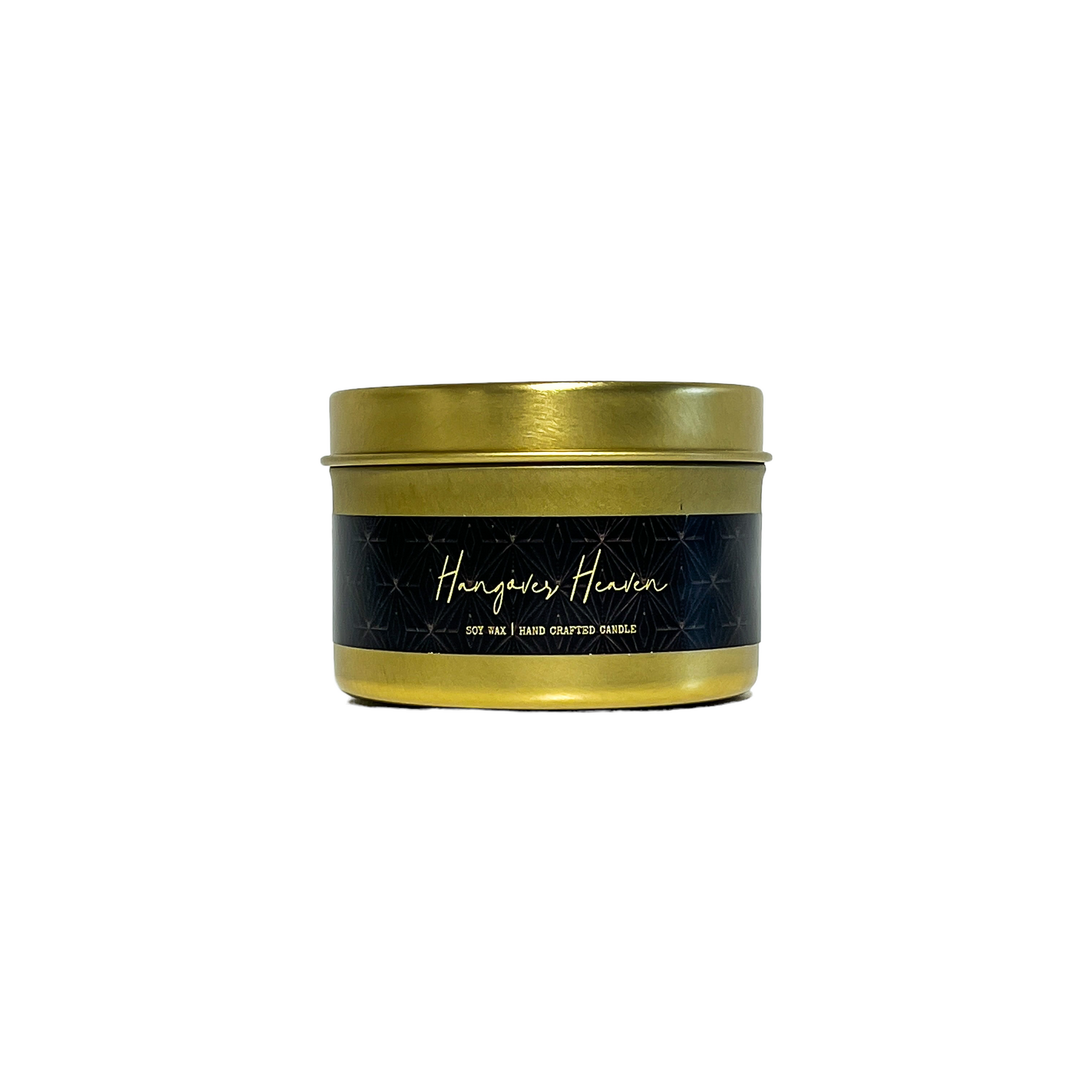 Gold, four ounce tin, soy wax candle with black label that reads Hangover Heaven