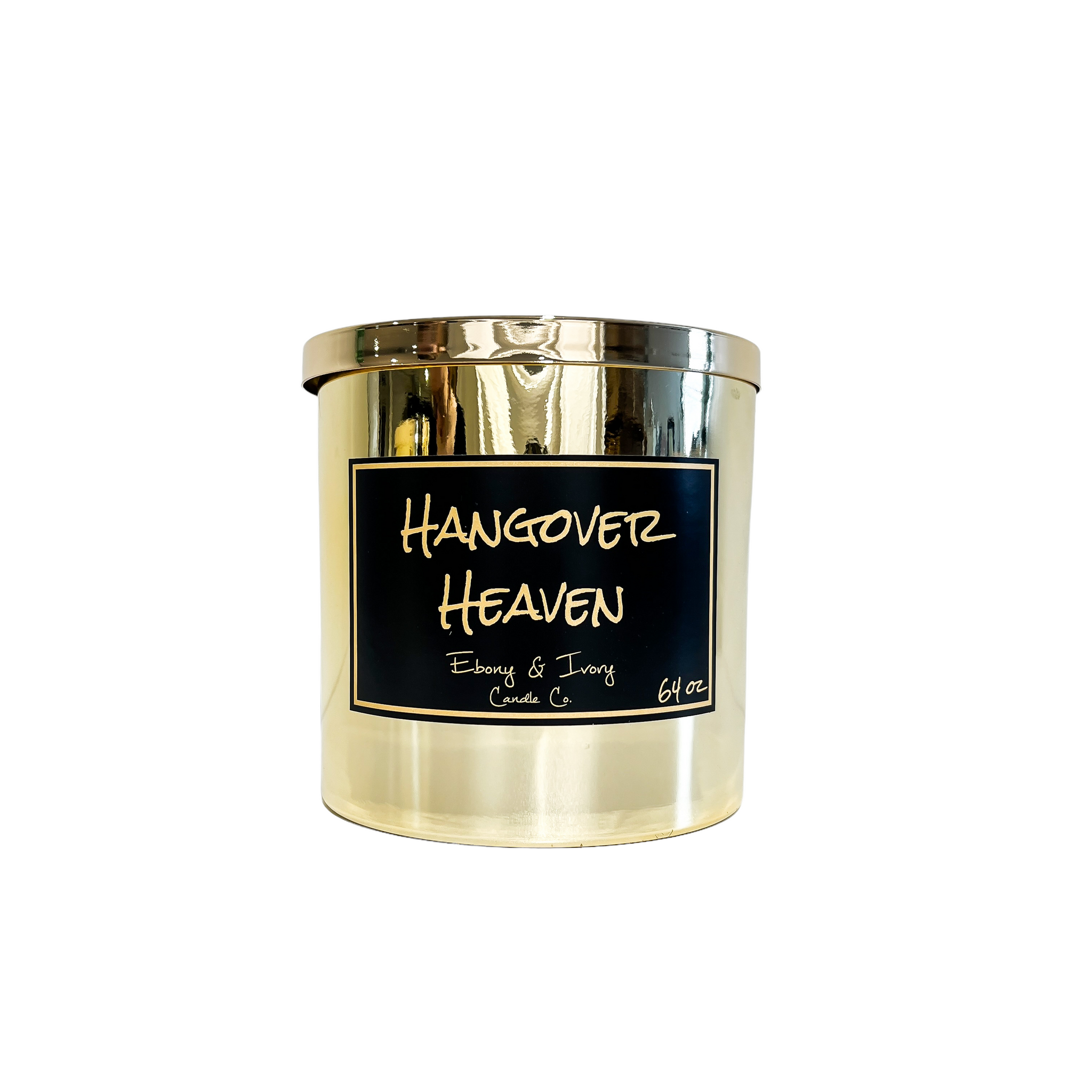 Gold, sixty four ounce, white tea, ginger, peach, and chardonnay scented soy wax candle with a gold lid and a black label that reads Hangover Heaven