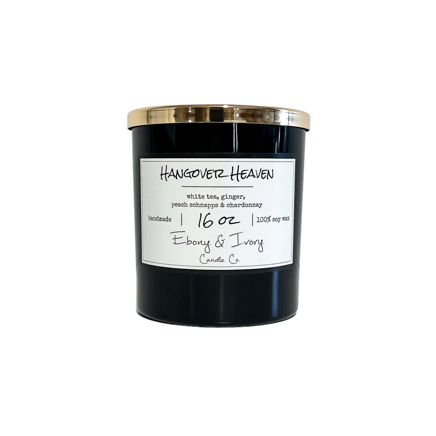 A black 16oz jar soy candle with a gold lid and a white label named Hangover Heaven, on a white background, made by Ebony & Ivory Candle Co in Lethbridge, Alberta, Canada
