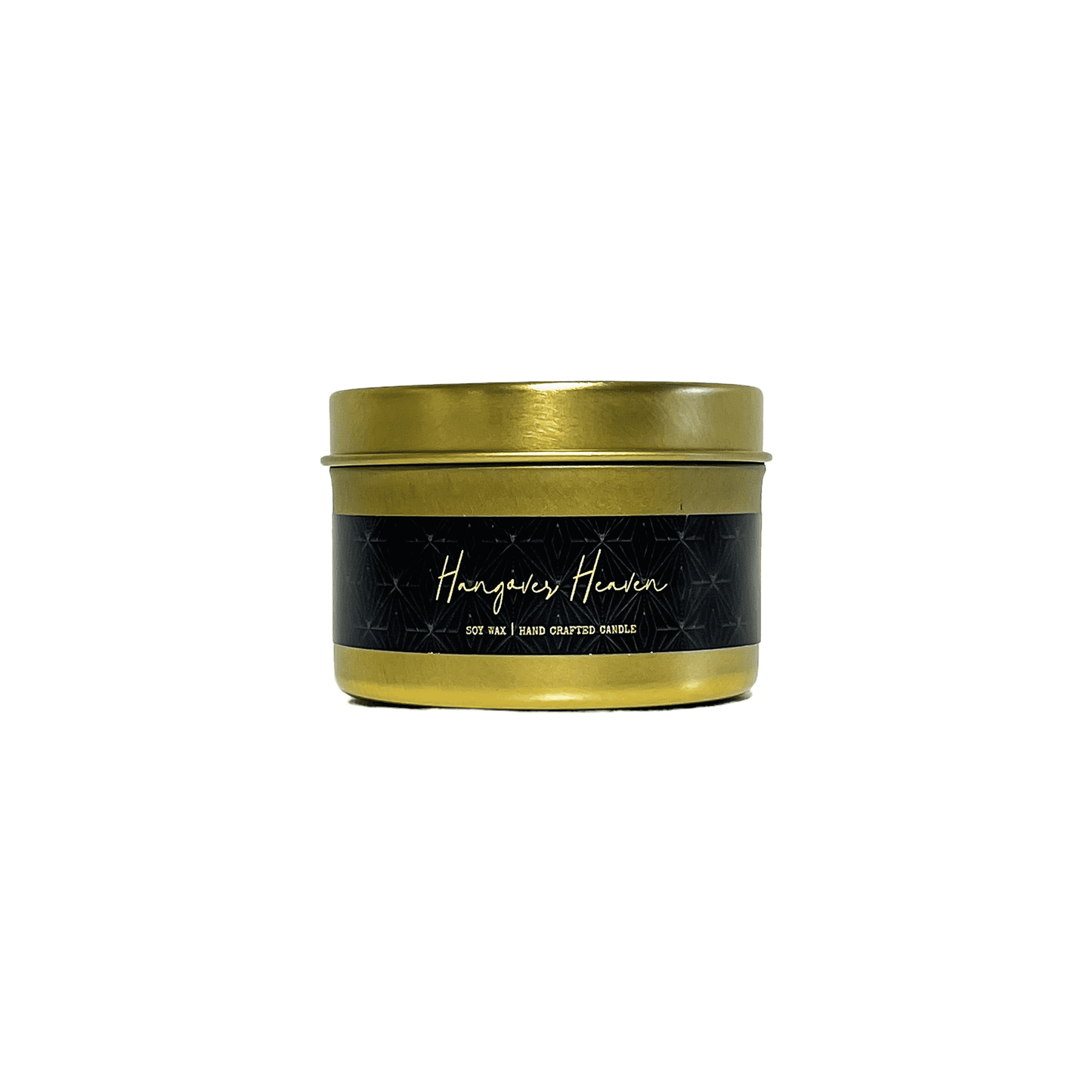 A gold 4oz tin soy candle with a black label named Hangover Heaven, on a white background, made by Ebony & Ivory Candle Co in Lethbridge, Alberta, Canada