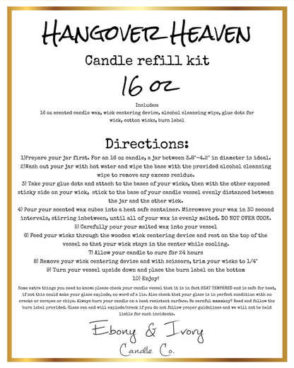 White label with gold trim for a sixteen ounce Hangover Heaven candle refill kits