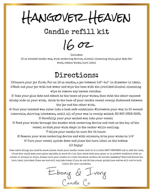 White label with gold trim for a sixteen ounce Hangover Heaven candle refill kits