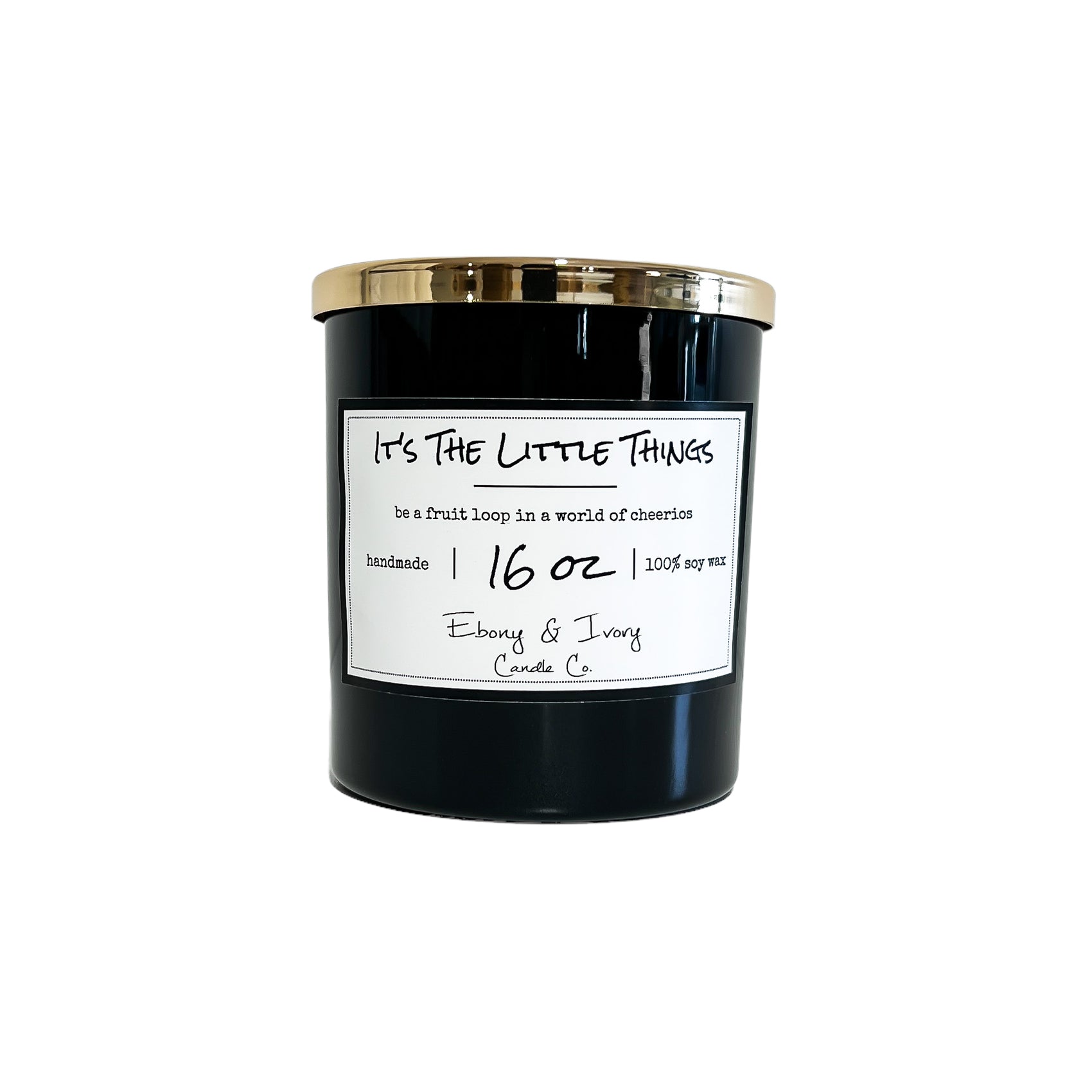 Black, sixteen ounce, fruit loops scented soy wax candle with a gold lid and a white label that reads It's the Little Things