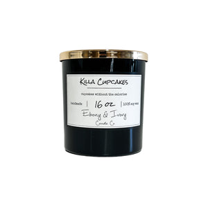 Black, sixteen ounce, cupcakes scented soy wax candle with a gold lid and a white label that reads Killa Cupcakes