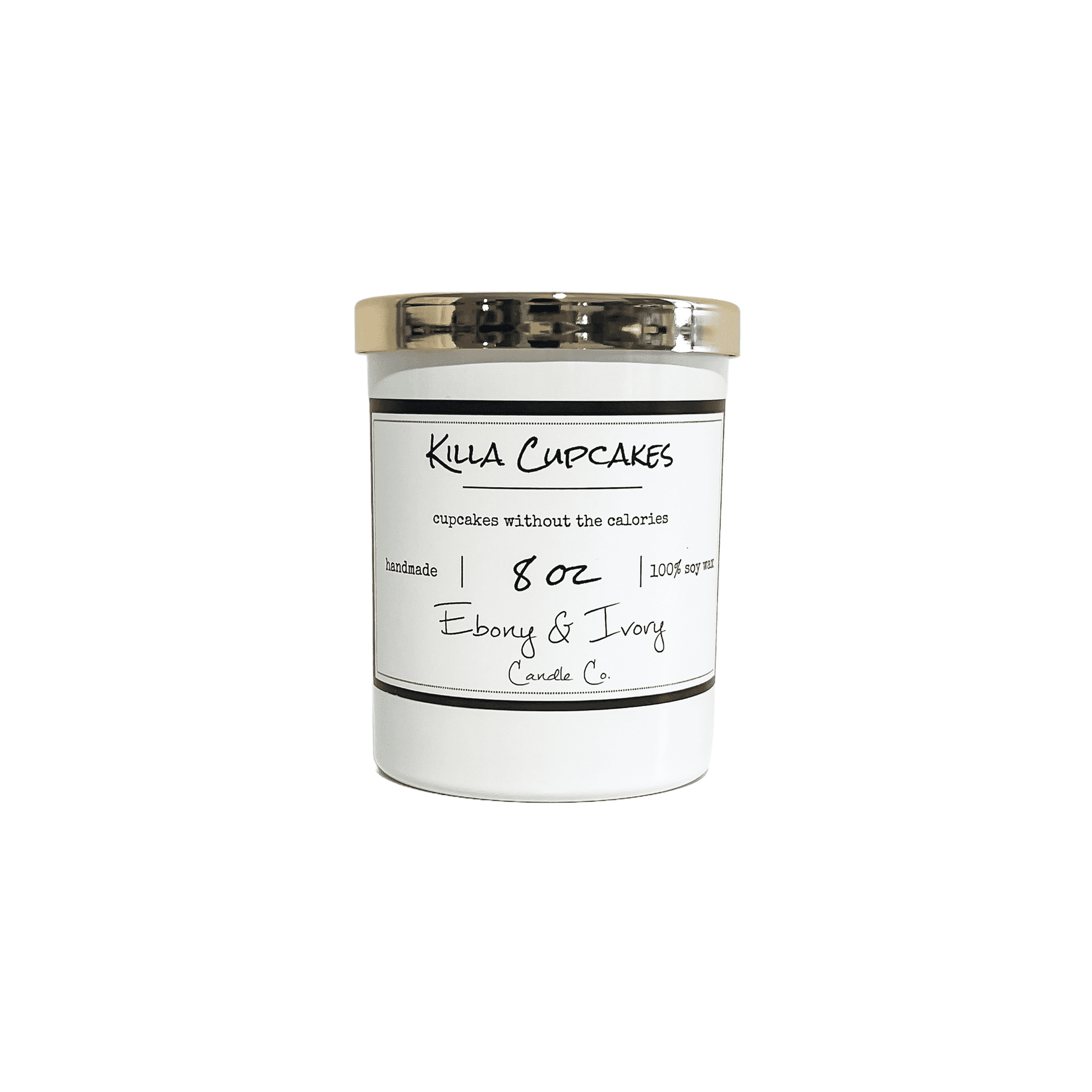 White, eight ounce, cupcakes scented soy wax candle with a gold lid and a white label that reads Killa Cupcakes
