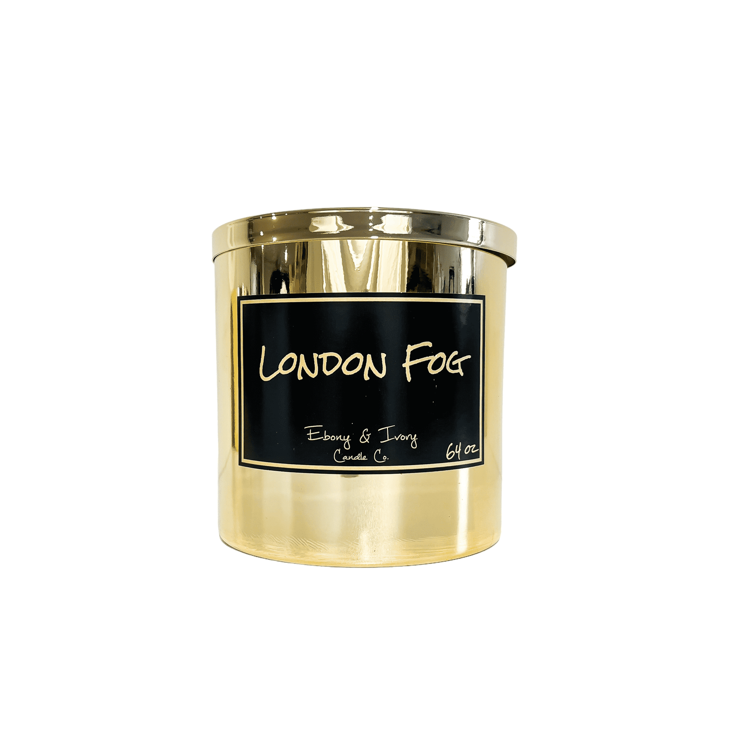 Gold, sixty four ounce, bergamot and vanilla scented soy wax candle with a gold lid and a black label that reads London Fog