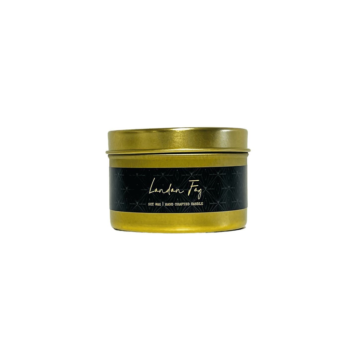 A gold 4oz tin soy candle with a black label named London Fog, on a white background, made by Ebony & Ivory Candle Co in Lethbridge, Alberta, Canada