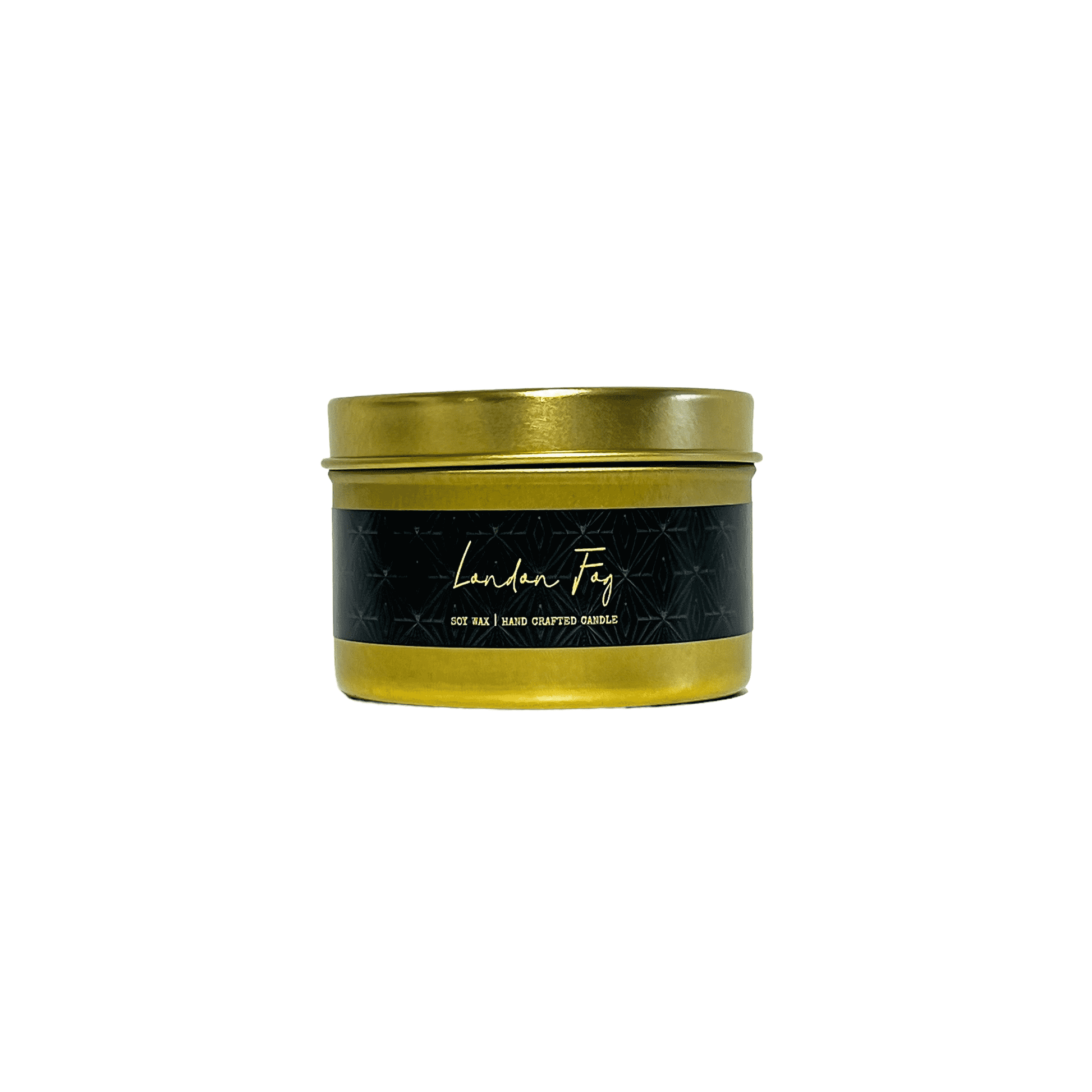 A gold 4oz tin soy candle with a black label named London Fog, on a white background, made by Ebony & Ivory Candle Co in Lethbridge, Alberta, Canada