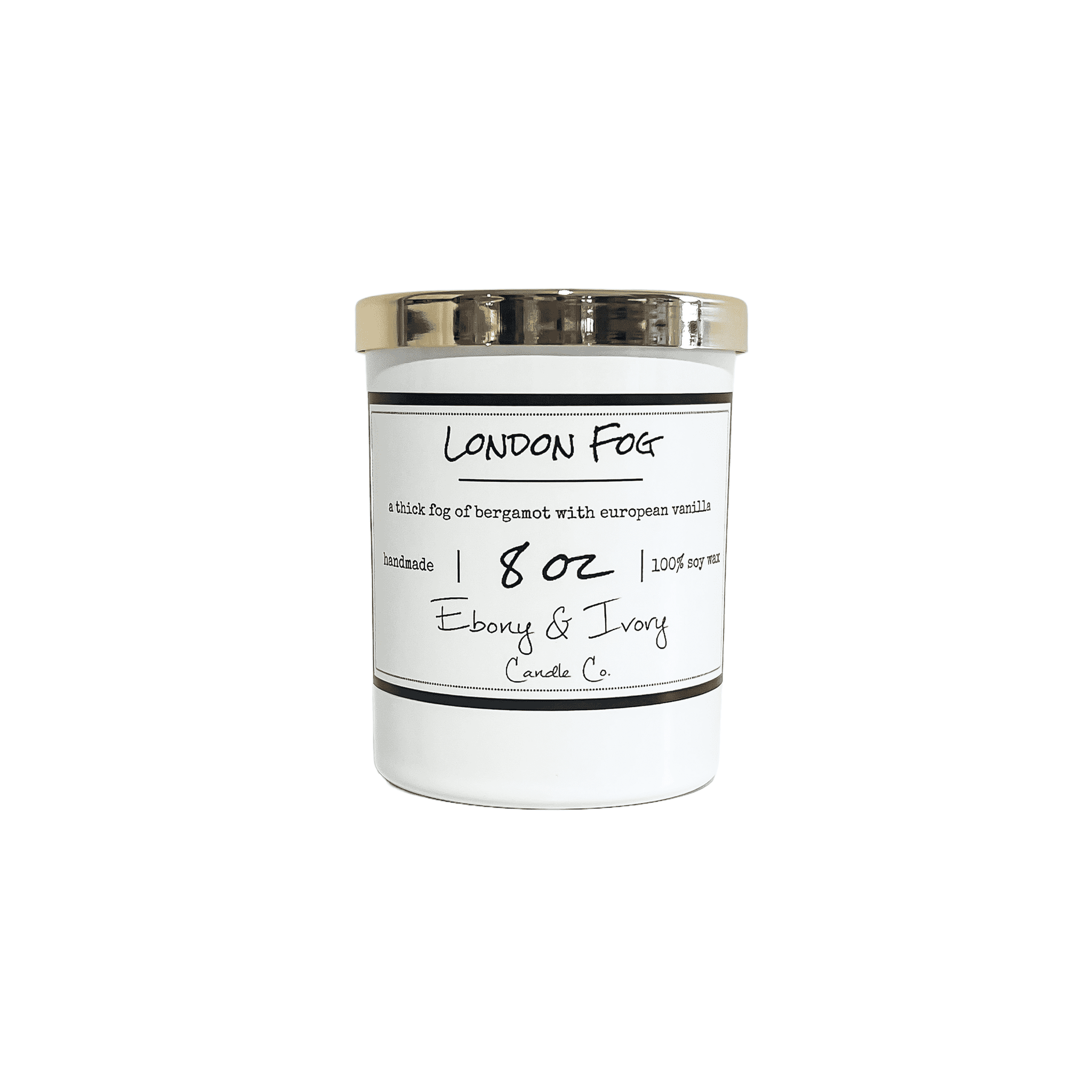 White, eight ounce, bergamot and vanilla scented soy wax candle with a gold lid and a white label that reads London Fog