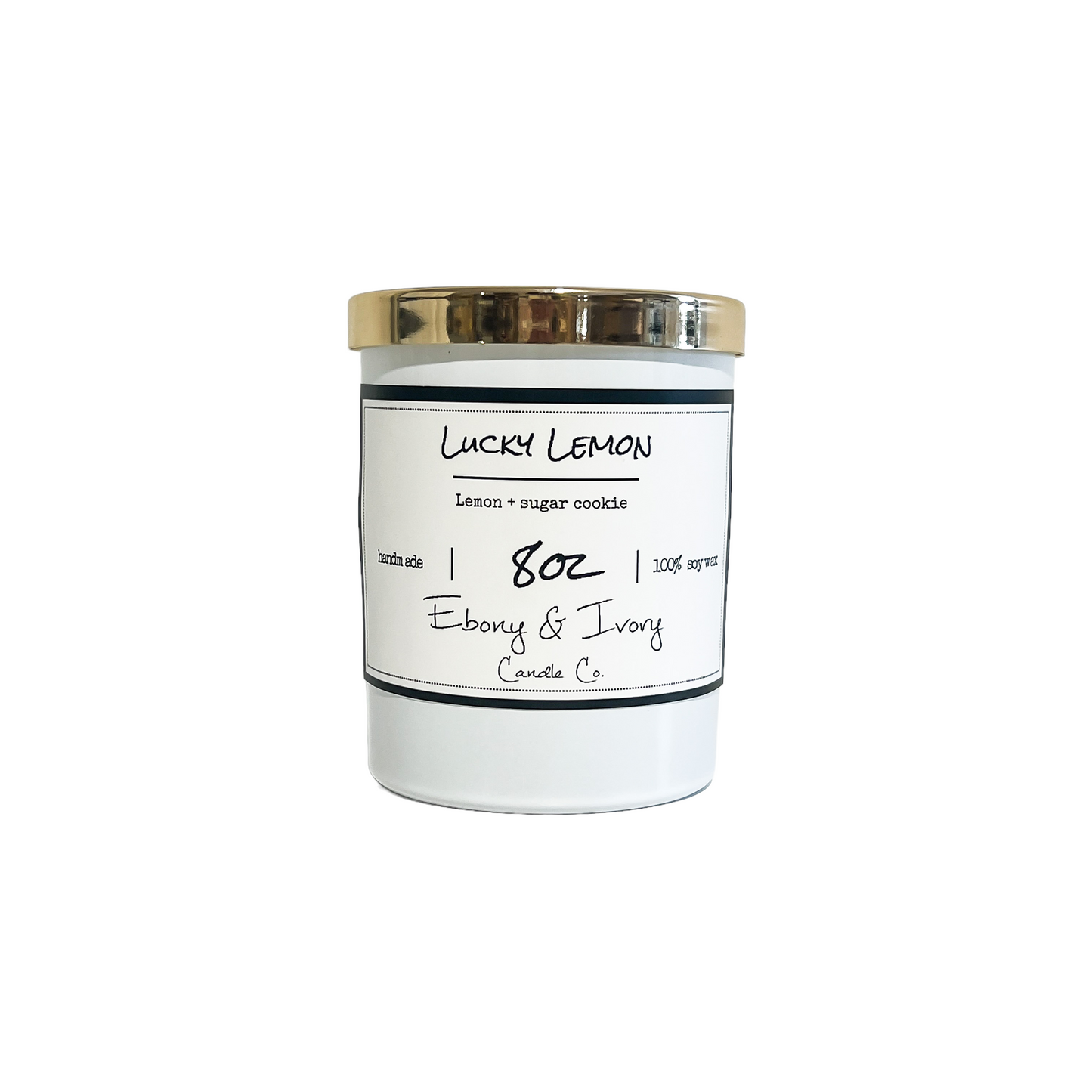 White, eight ounce, lemon and sugar cookies scented soy wax candle with a gold lid and a white label