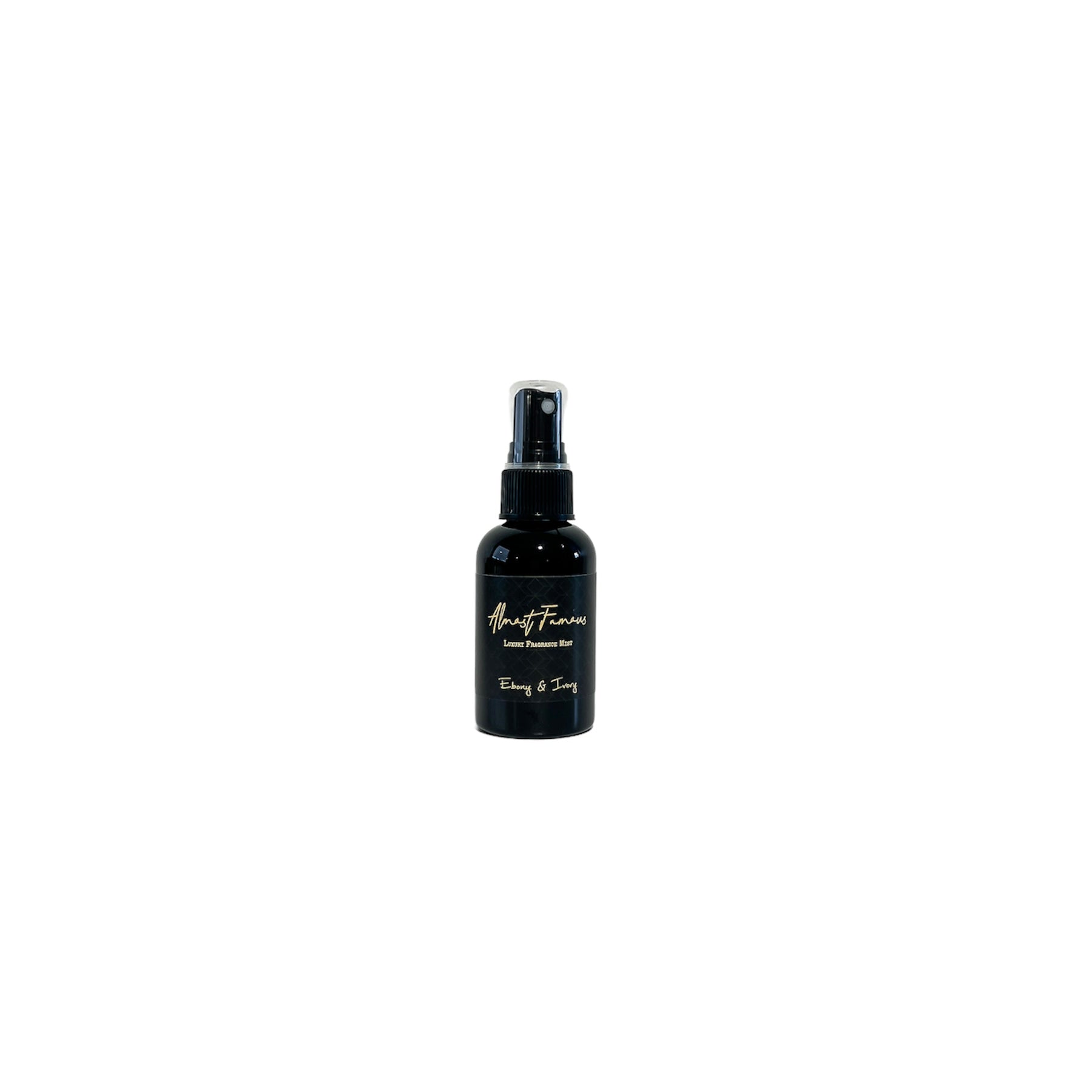 black two fluid ounces, citrus, jasmine, and woodsy scented fragrance body and room spray with a black label that reads Almost Famous
