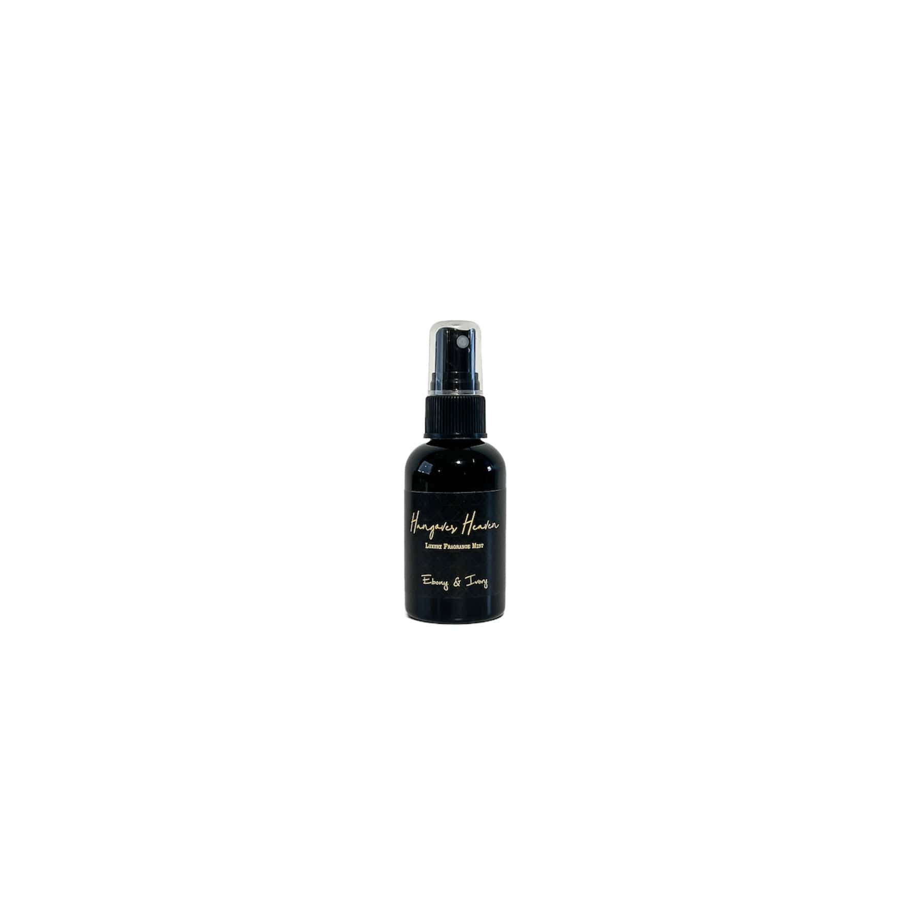 Black, two fluid ounce, white tea, ginger, peach, and chardonnay scented fragrance spray with a black label that reads Hangover Heaven