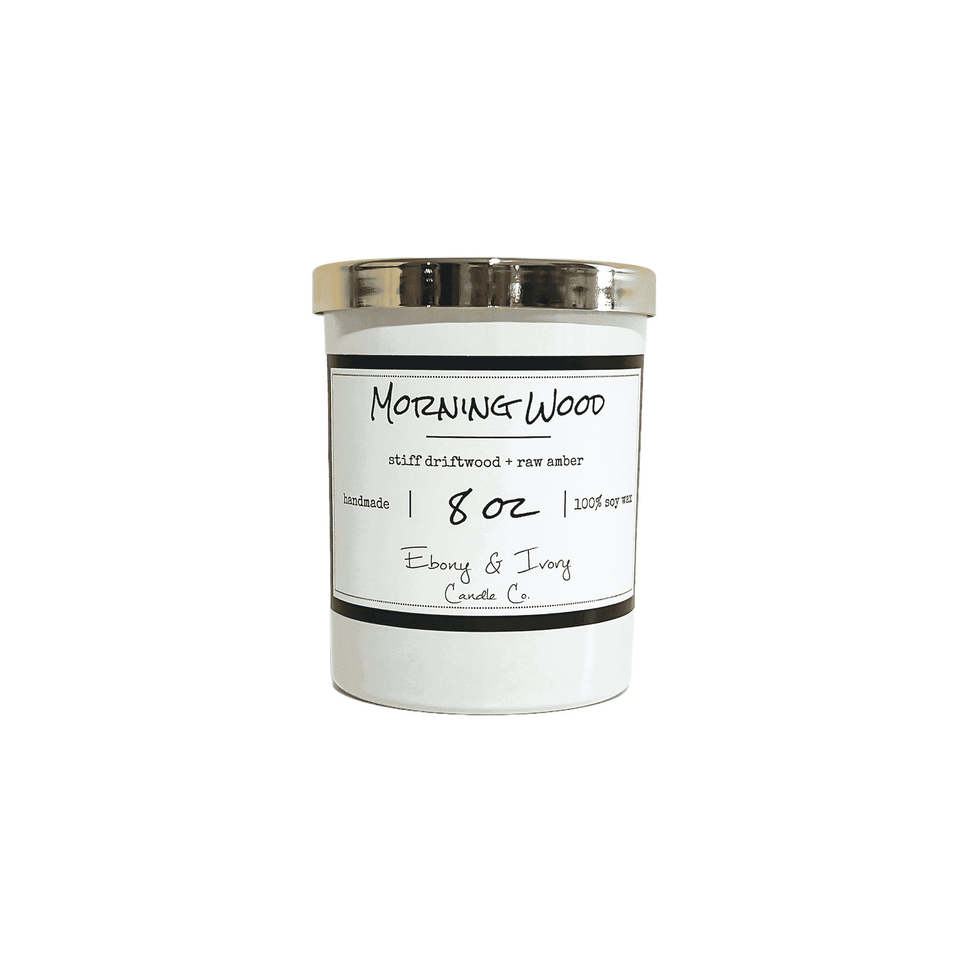 A white jar 8oz soy candle with a gold lid and a white label named Morning Wood, on a white background, made by Ebony & Ivory Candle Co in Lethbridge, Alberta, Canada