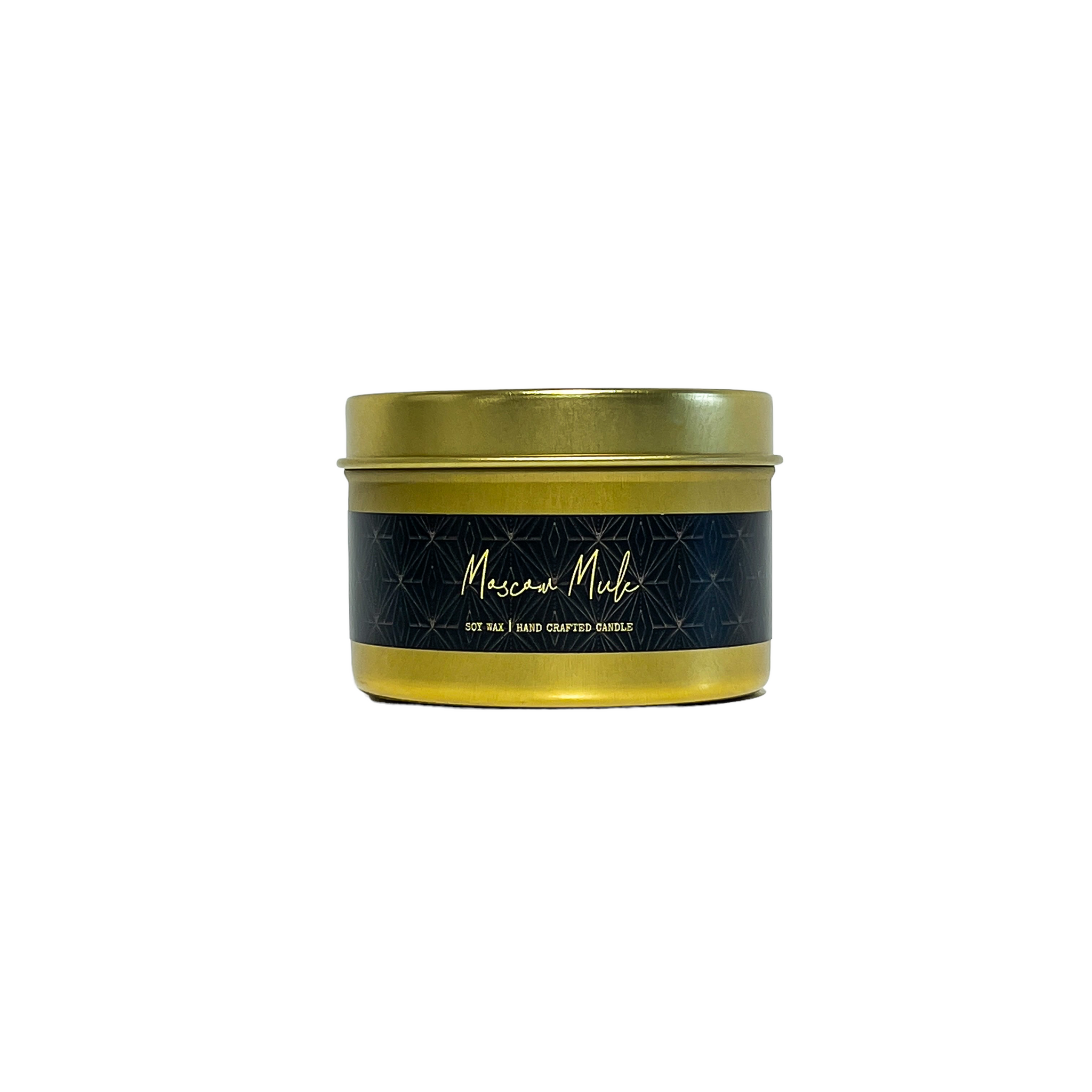 Gold, four ounce tin, soy wax candle with black label that reads Moscow Mule