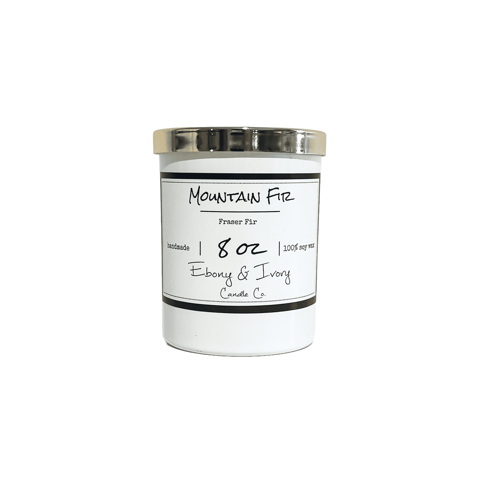 A white jar 8oz soy candle with a gold lid and a white label named Mountain Fir, on a white background, made by Ebony & Ivory Candle Co in Lethbridge, Alberta, Canada
