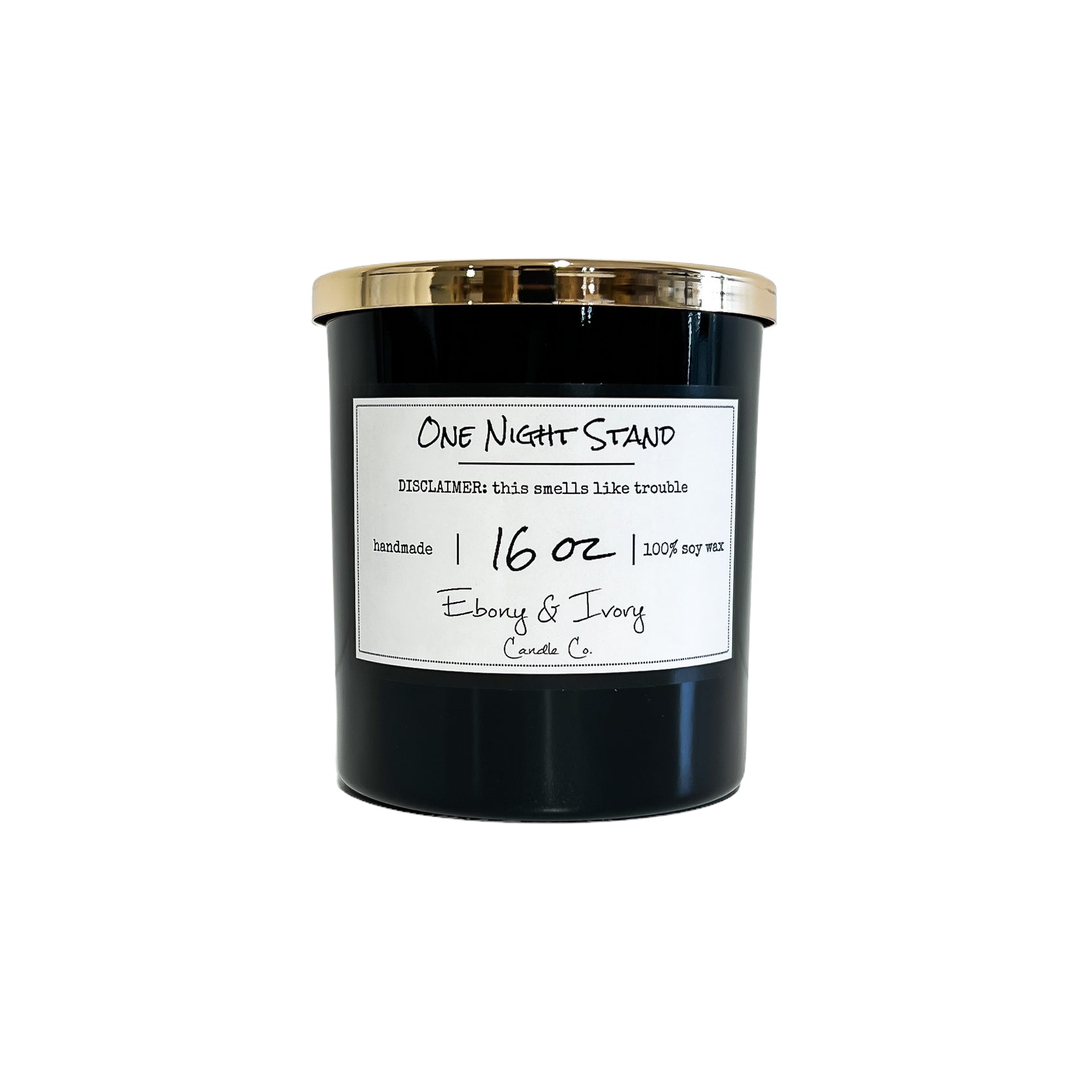 Black, sixteen ounce, mahogany and apples scented soy wax candle with a gold lid and a white label that reads One Night Stand