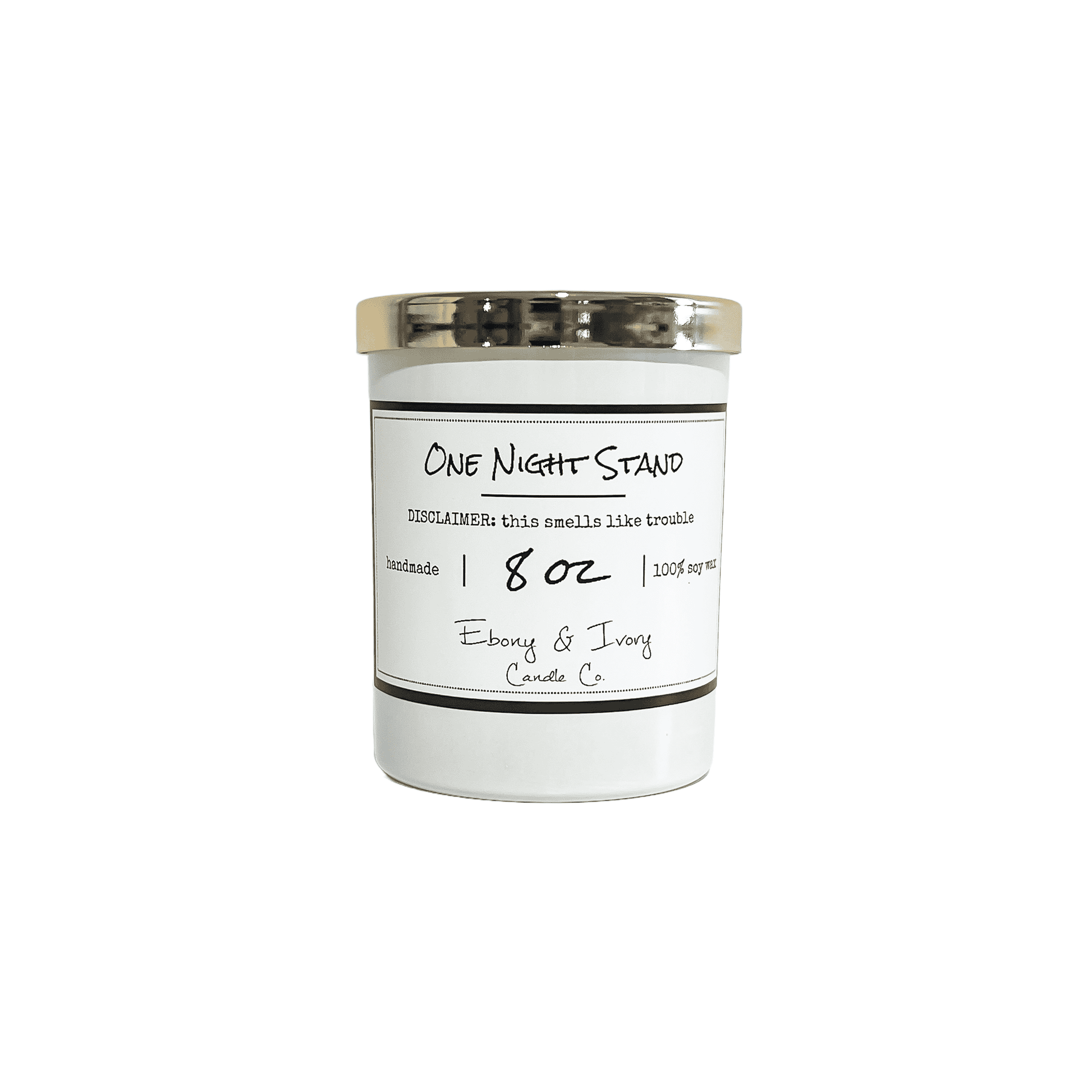 A white jar 8oz soy candle with a gold lid and a white label named One Night Stand, on a white background, made by Ebony & Ivory Candle Co in Lethbridge, Alberta, Canada