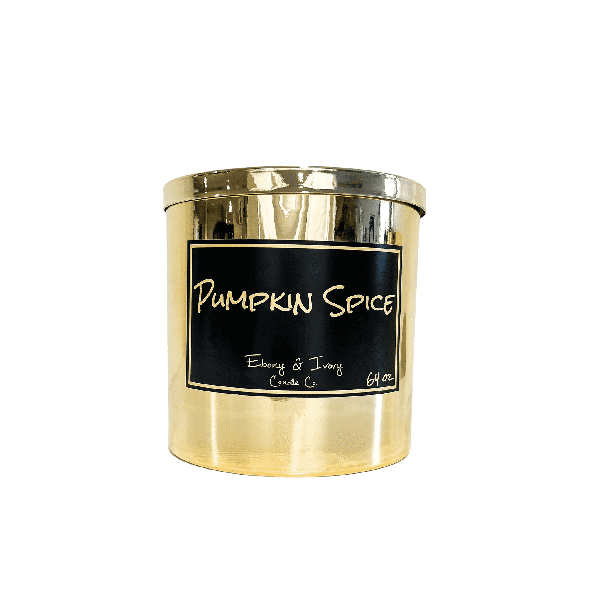Gold, sixty four ounce, pumpkin spice, and cream cheese icing scented soy wax candle with a black label and a gold lid
