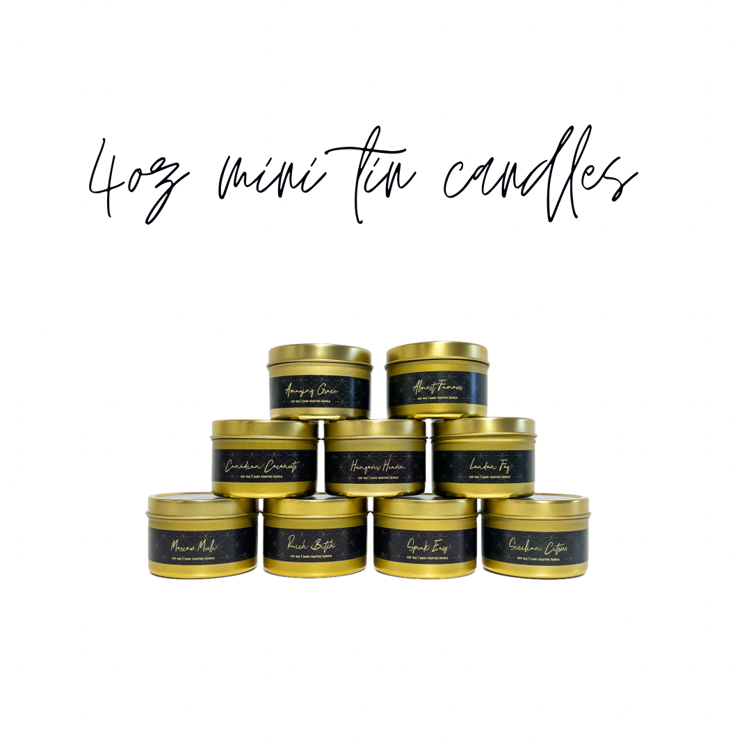 pyramid of nine gold 4 ounce tin candles with black labels. text at the top says 4 ounce mini tin candles. 