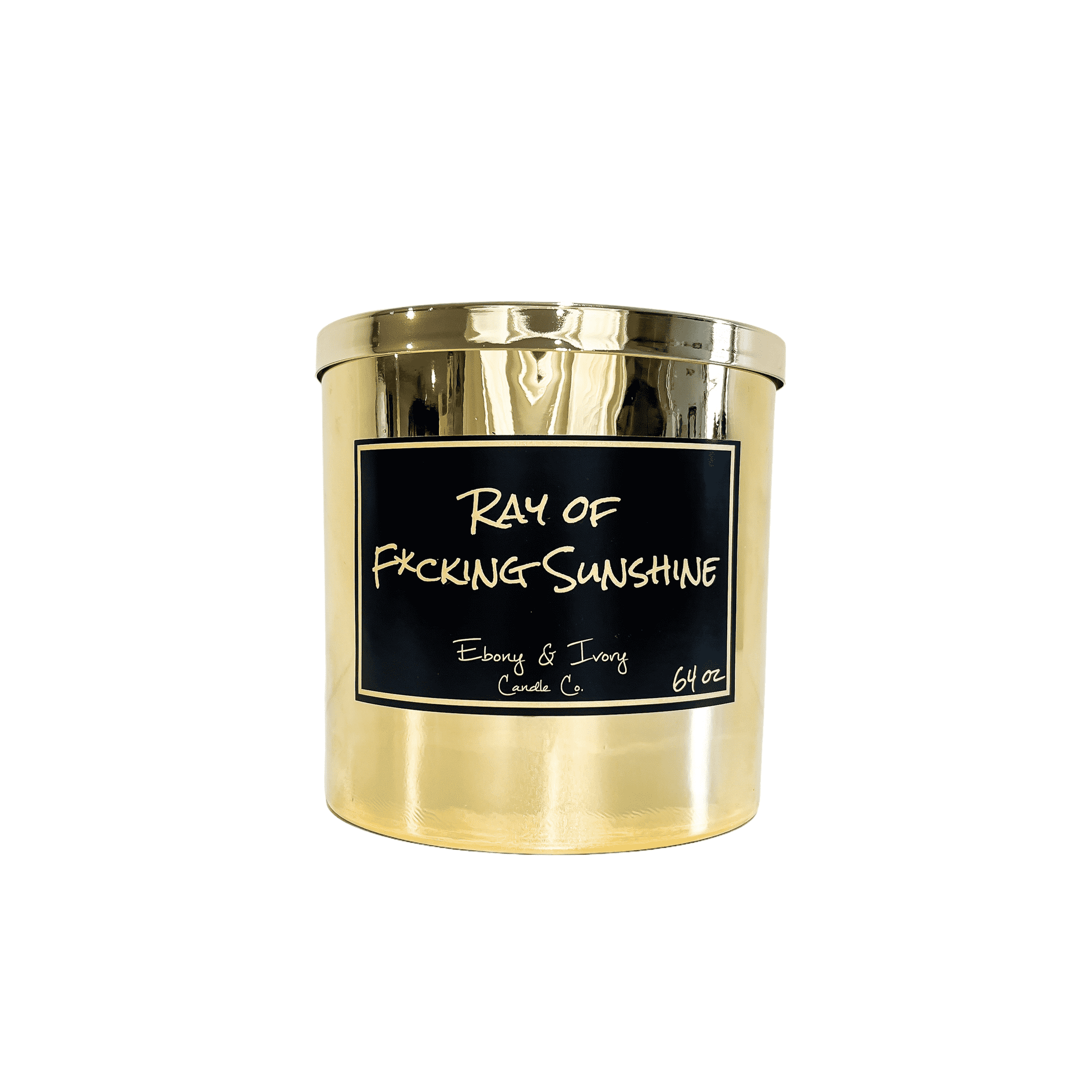 Gold, sixty four ounce, sun tan lotion scented soy wax candle with a black label and a gold lid