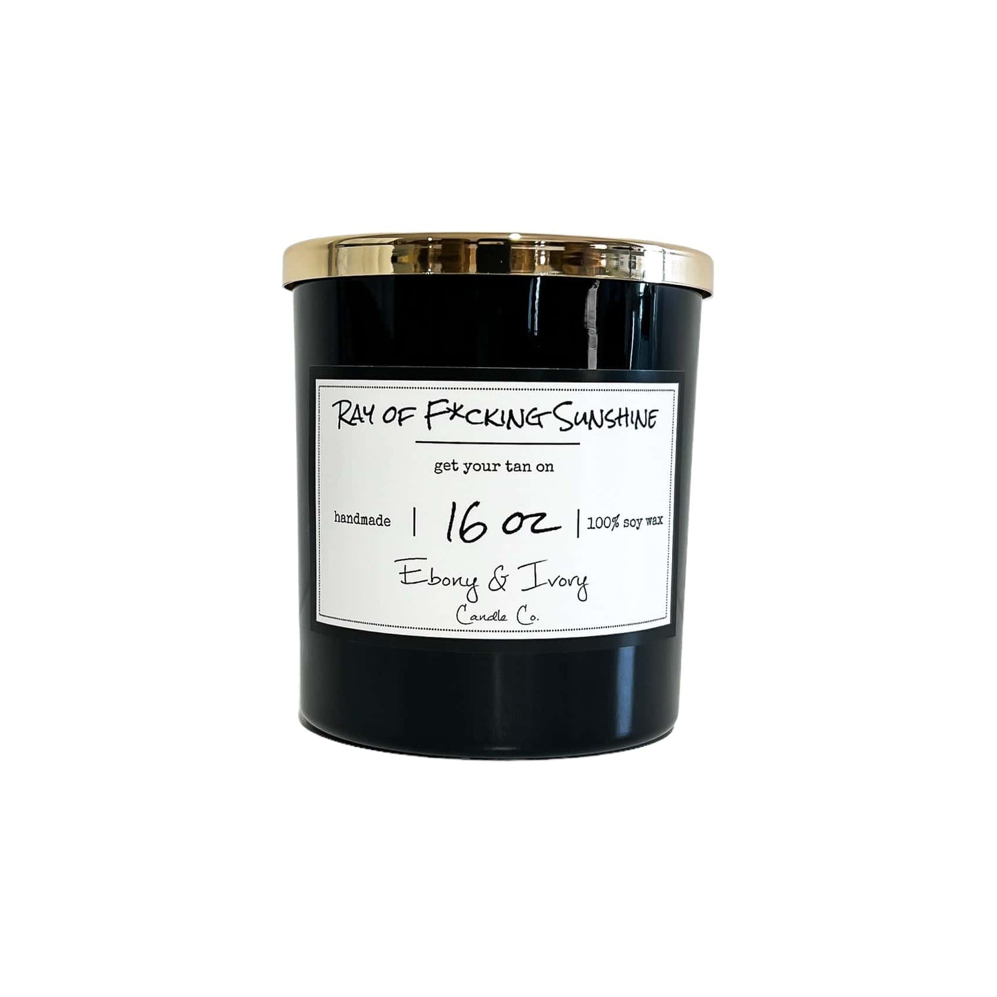 Black, sixteen ounce, sun tan lotion scented soy wax candle with a white label and a gold lid