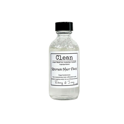 Clear two ounce bottle of mint and rosemary scented all purpose cleaner refill concentrate with a white label that reads Resting Mint Face 