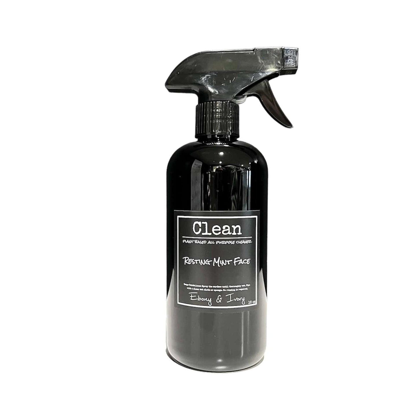 Black spray bottle of mint and rosemary scented all purpose cleaner with a black label that reads Resting Mint Face