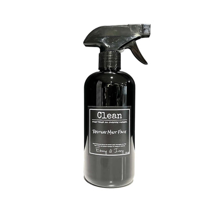 Black spray bottle of mint and rosemary scented all purpose cleaner with a black label that reads Resting Mint Face