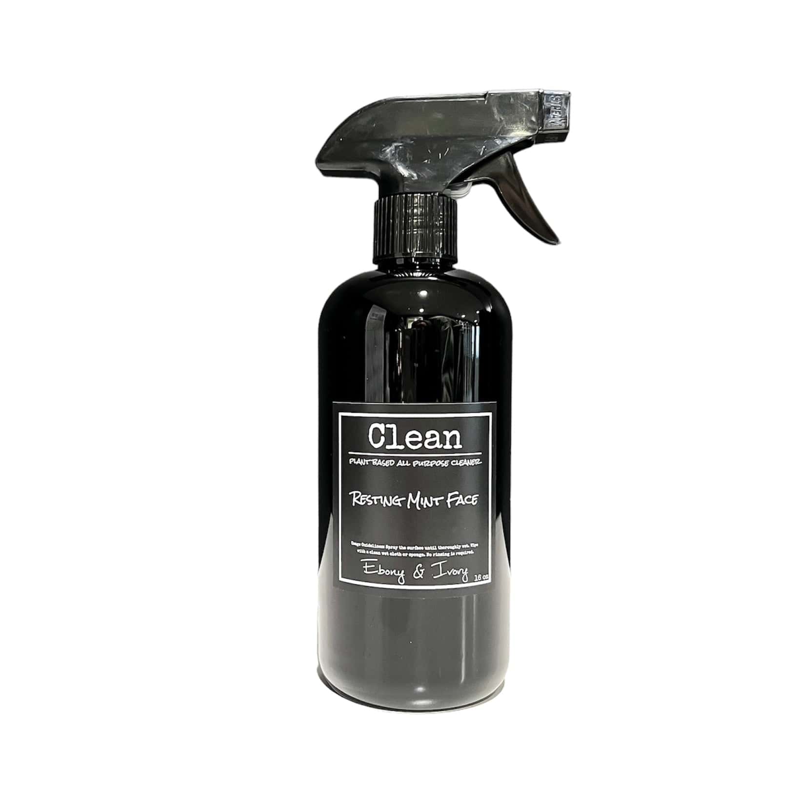Black spray bottle of mint and rosemary scented all purpose cleaner with a black label that reads Resting Mint Face