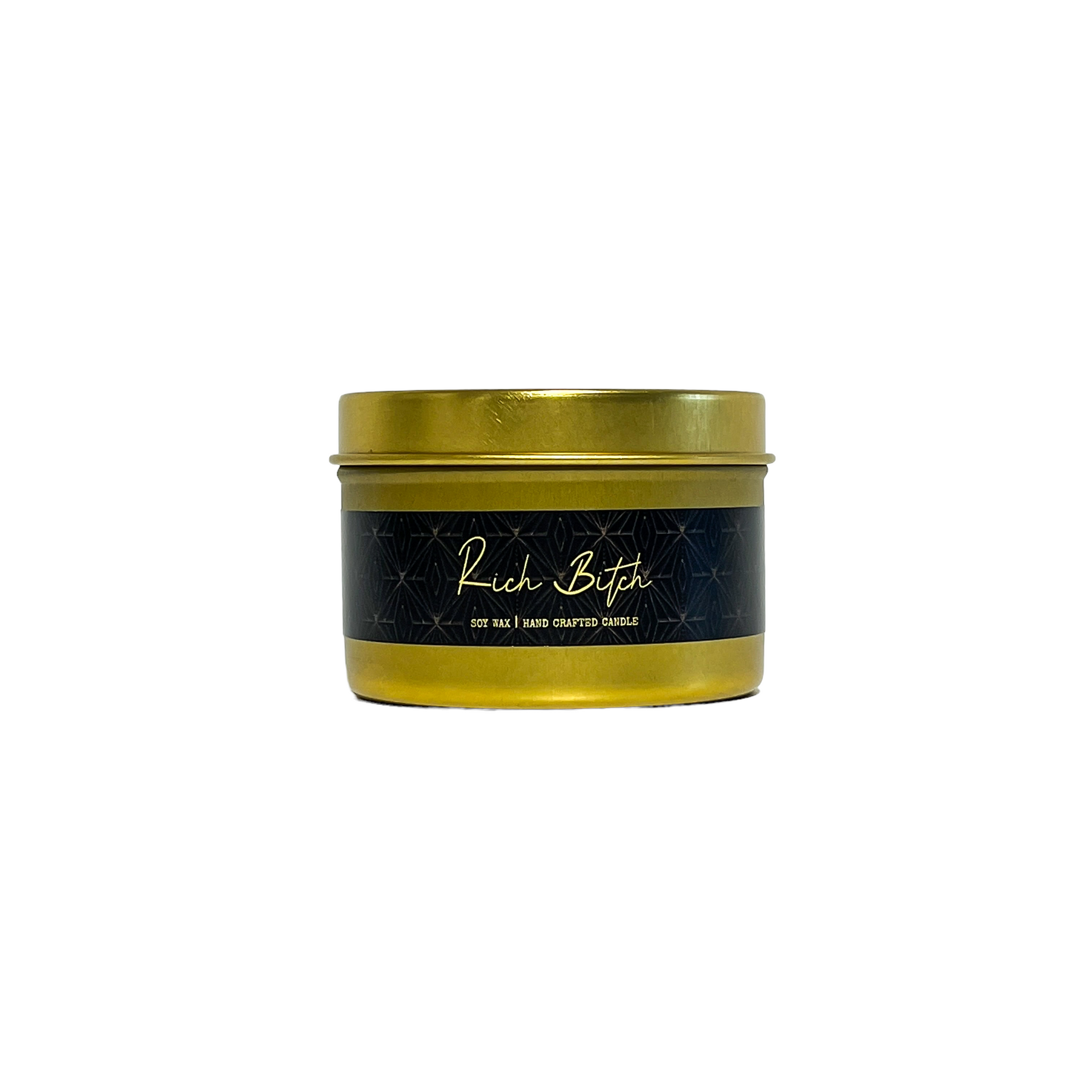 Gold, four ounce tin, soy wax candle with black label that reads Rich Bitch