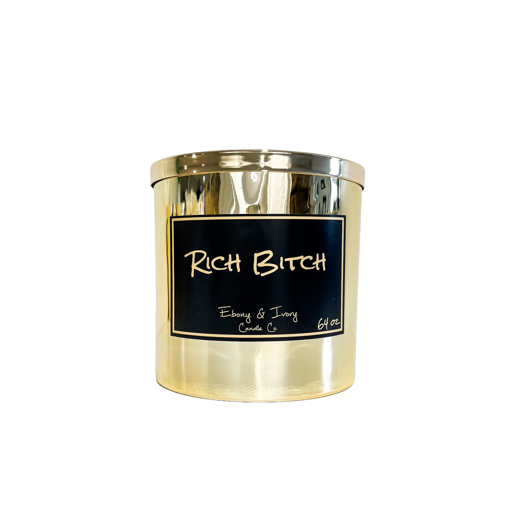 Gold, sixty four ounce, oud, bergamot, and citrus scented soy wax candle with a gold lid and a black label that reads Rich Bitch