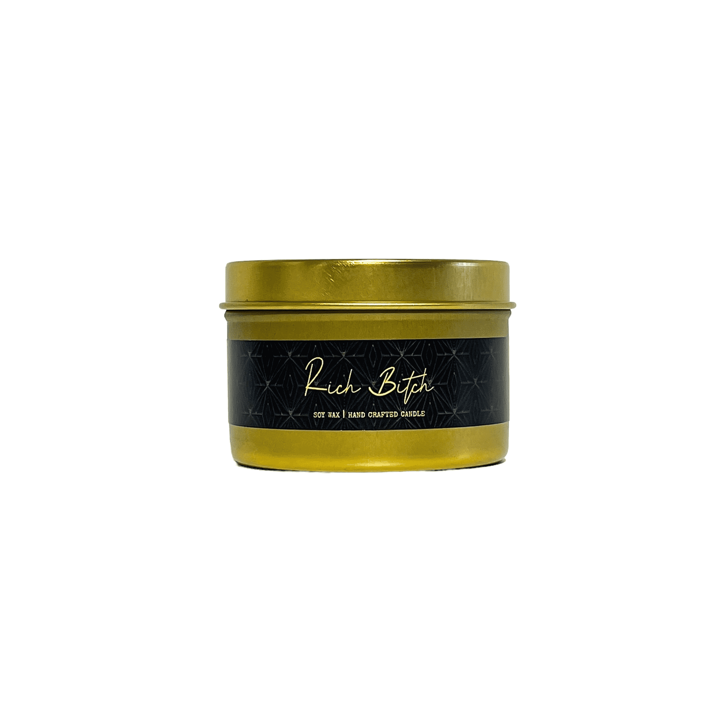 A gold 4oz tin soy candle with a black label named Rich Bitch, on a white background, made by Ebony & Ivory Candle Co in Lethbridge, Alberta, Canada