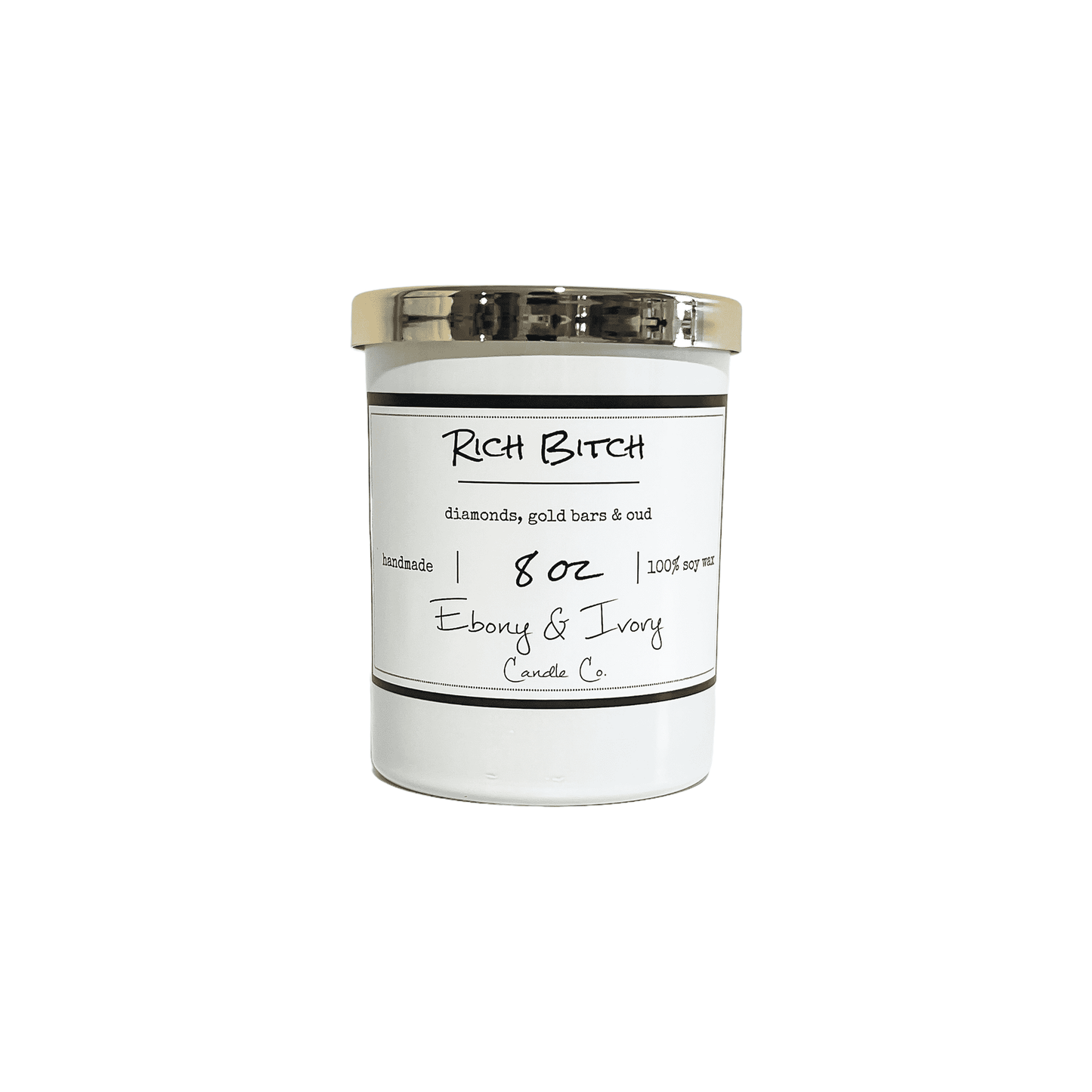 White, eight ounce, oud, bergamot, and citrus scented soy wax candle with a gold lid and a white label that reads Rich Bitch