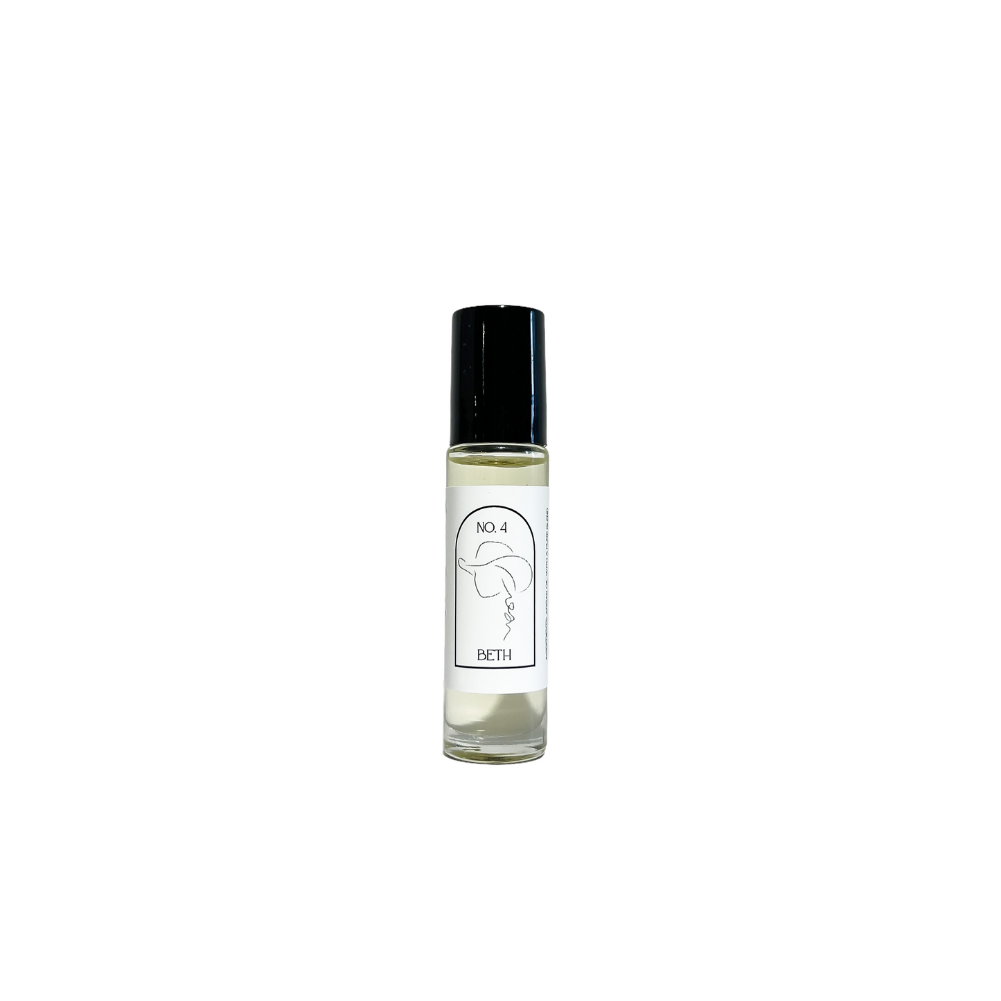 Clear, ten milliliter, cherry, cedar wood, and amber scented roll-on applicator with a white label that read Beth