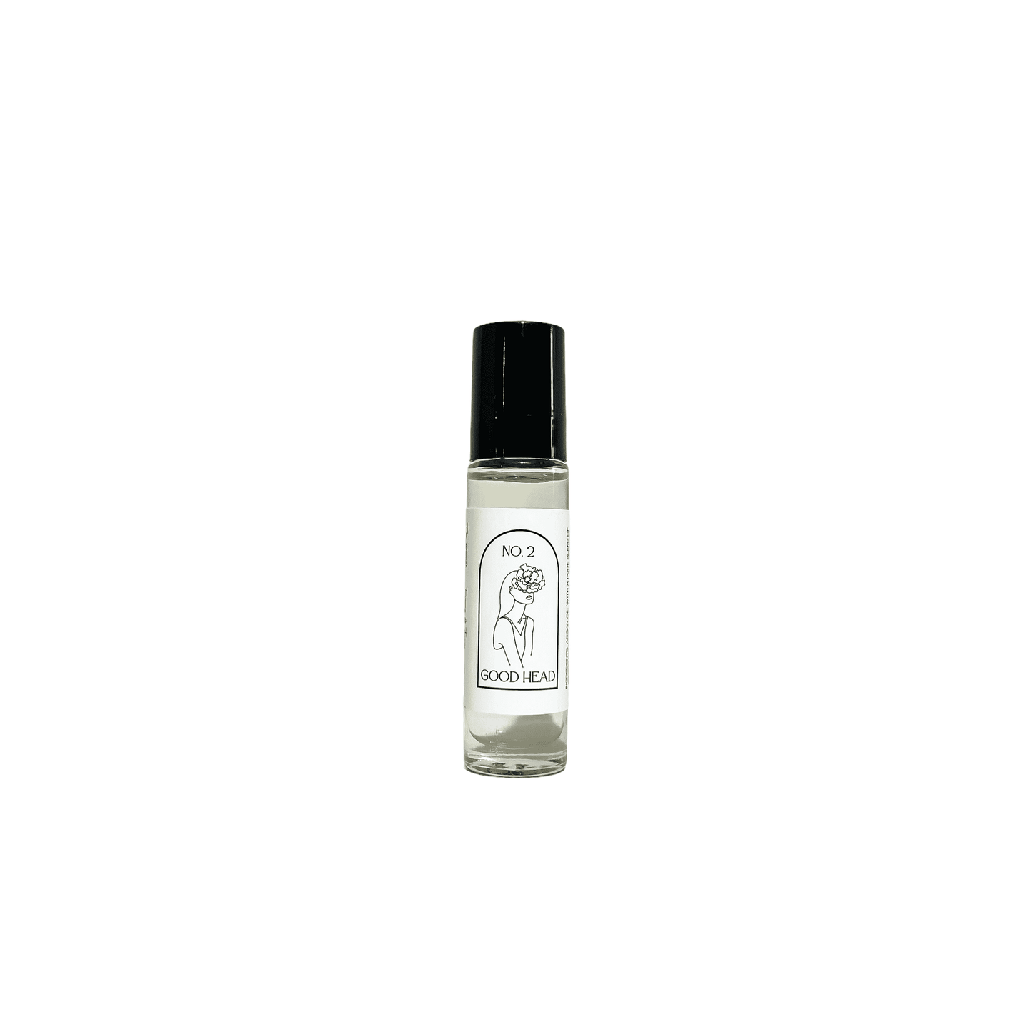 Clear glass, ten milliliter, Peppermint and vanilla scented roll-on applicator with a black lid and a white label that reads Good Head