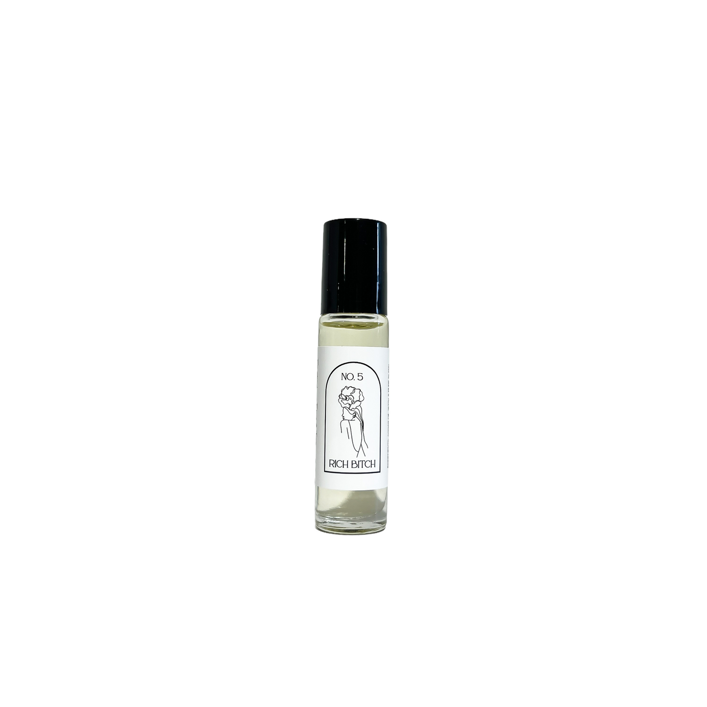 Clear, ten milliliter, oud, bergamot, and citrus scented roll-on applicator with a black and a white label that reads Rich Bitch