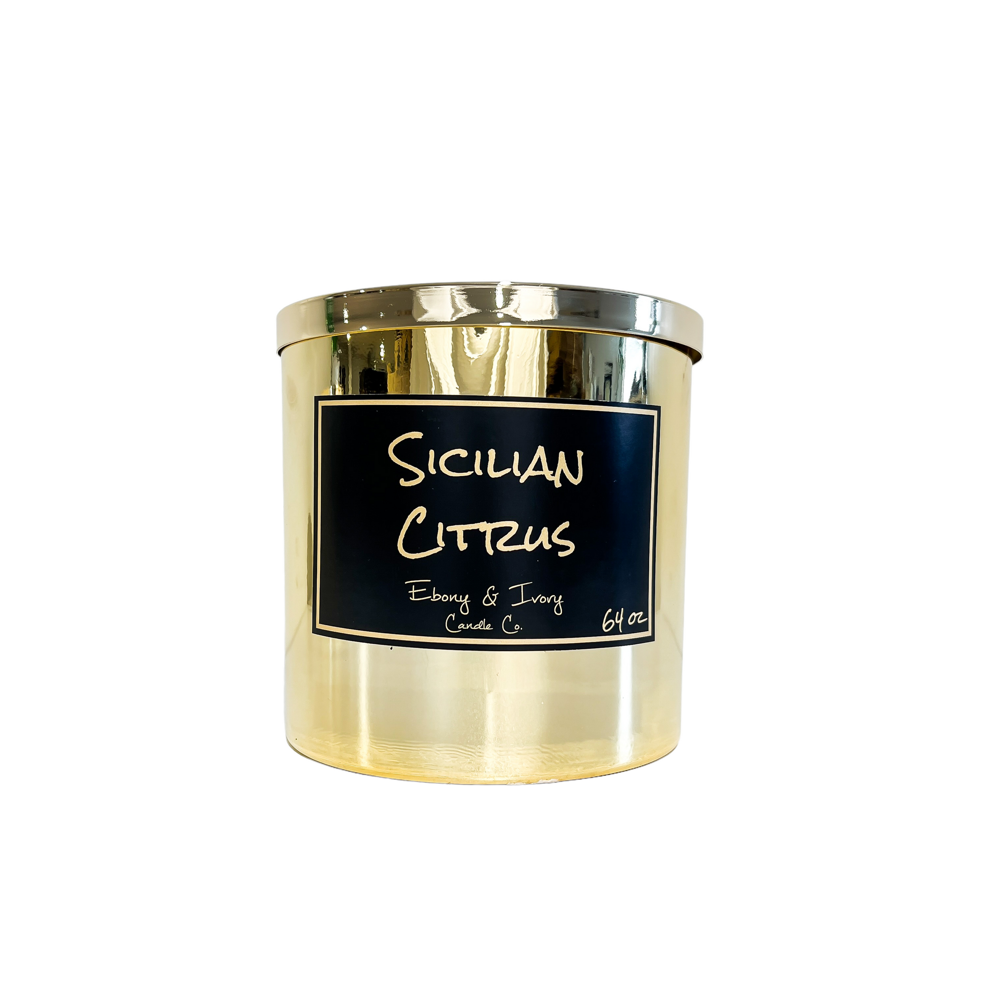 Gold, sixty four ounce, bergamot, grapefruit, and fresh greens scented soy wax candle with a gold lid and a black label that reads Sicilian Citrus