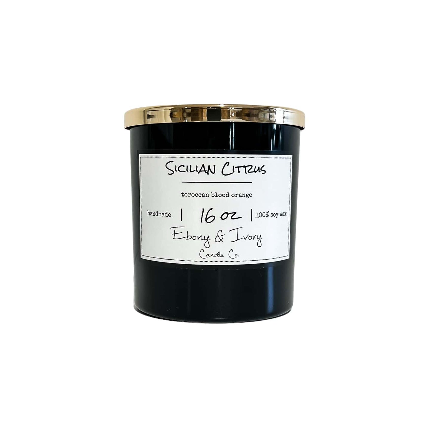 A black jar 16oz soy candle with a gold lid and a white label named Sicilian Citrus, on a white background, made by Ebony & Ivory Candle Co in Lethbridge, Alberta, Canada