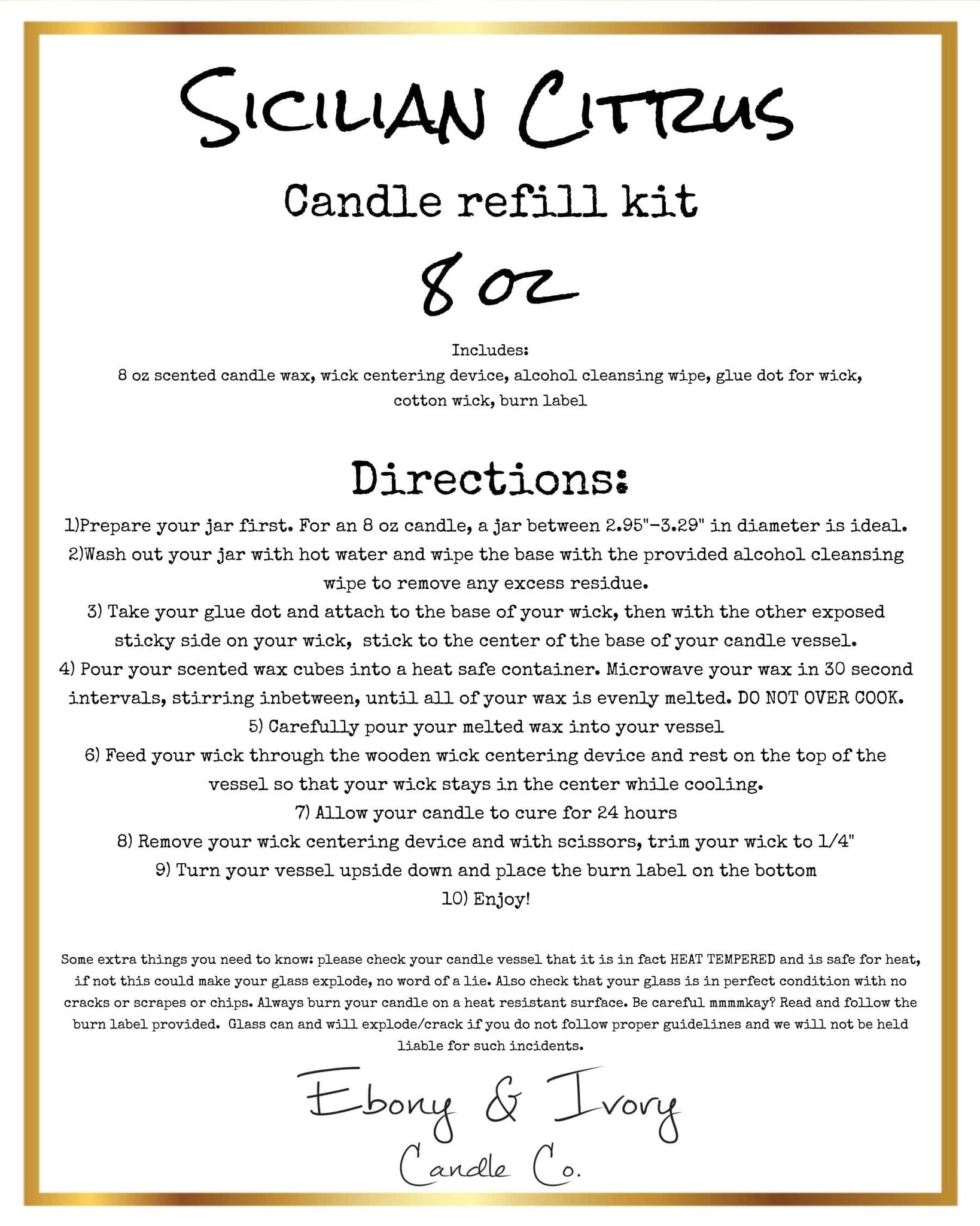 White label with a gold trim for an eight ounce Sicilian Citrus candle refill kit